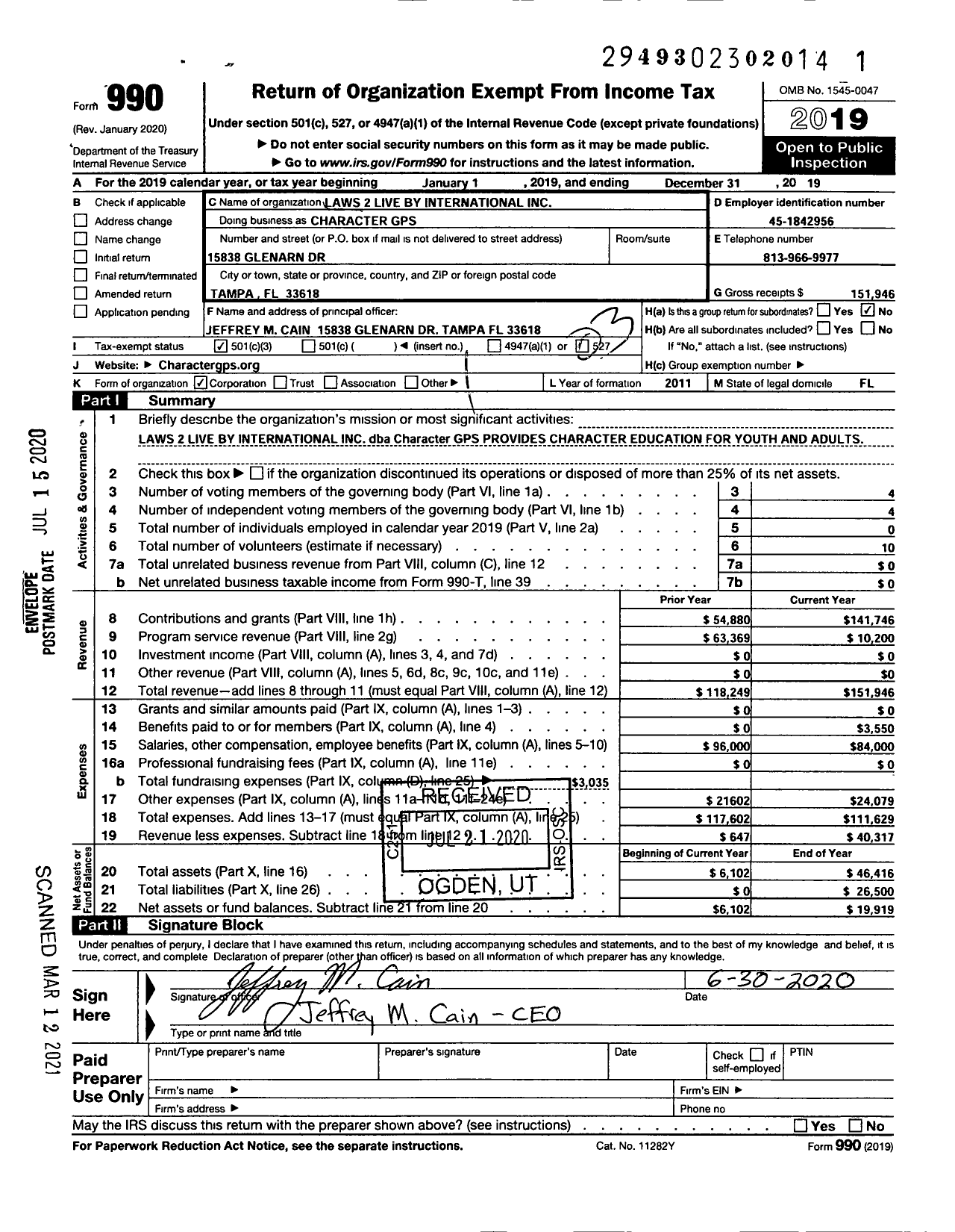 Image of first page of 2019 Form 990 for Character GPS