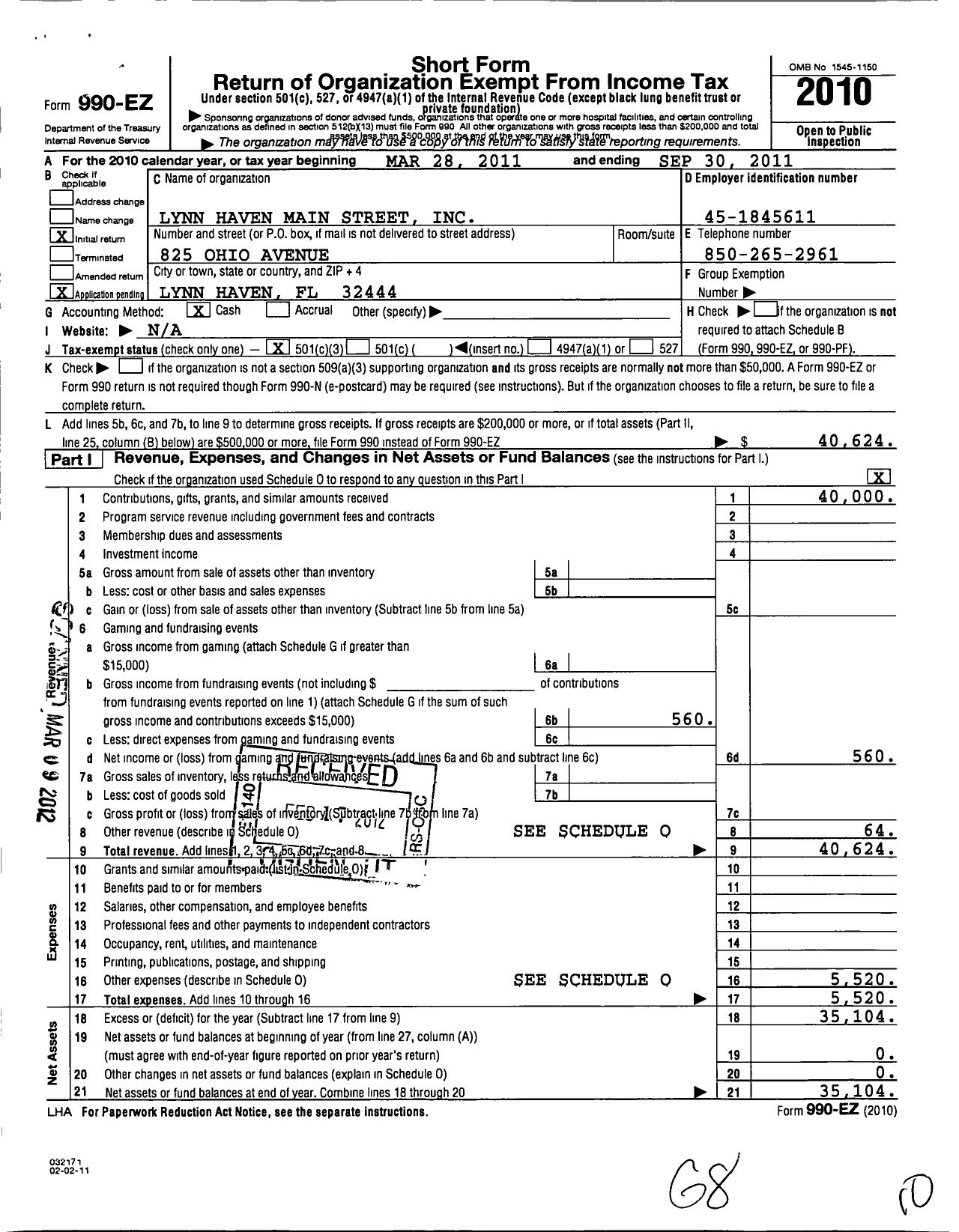 Image of first page of 2010 Form 990EZ for City of Lynn Haven Main Street