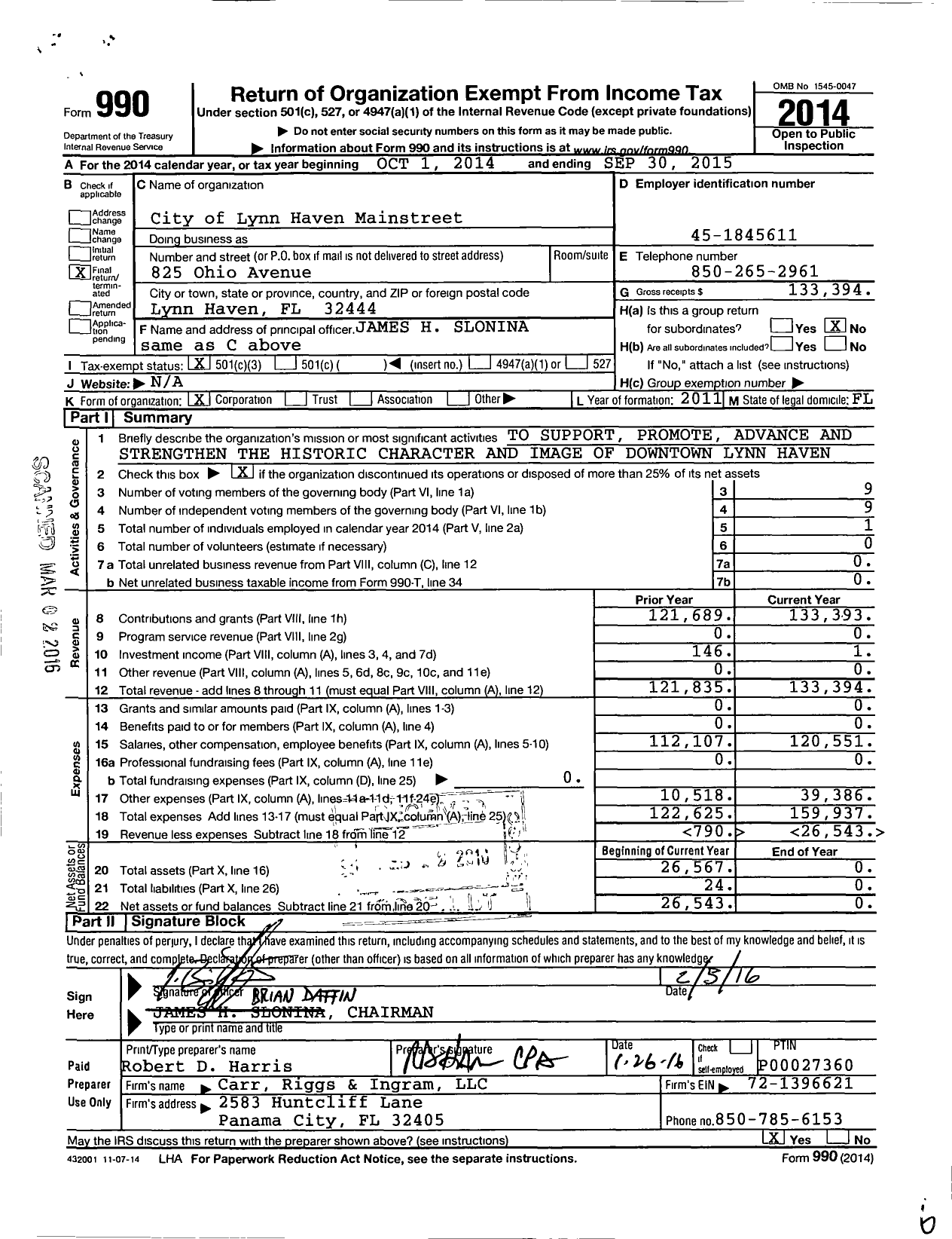 Image of first page of 2014 Form 990 for City of Lynn Haven Main Street