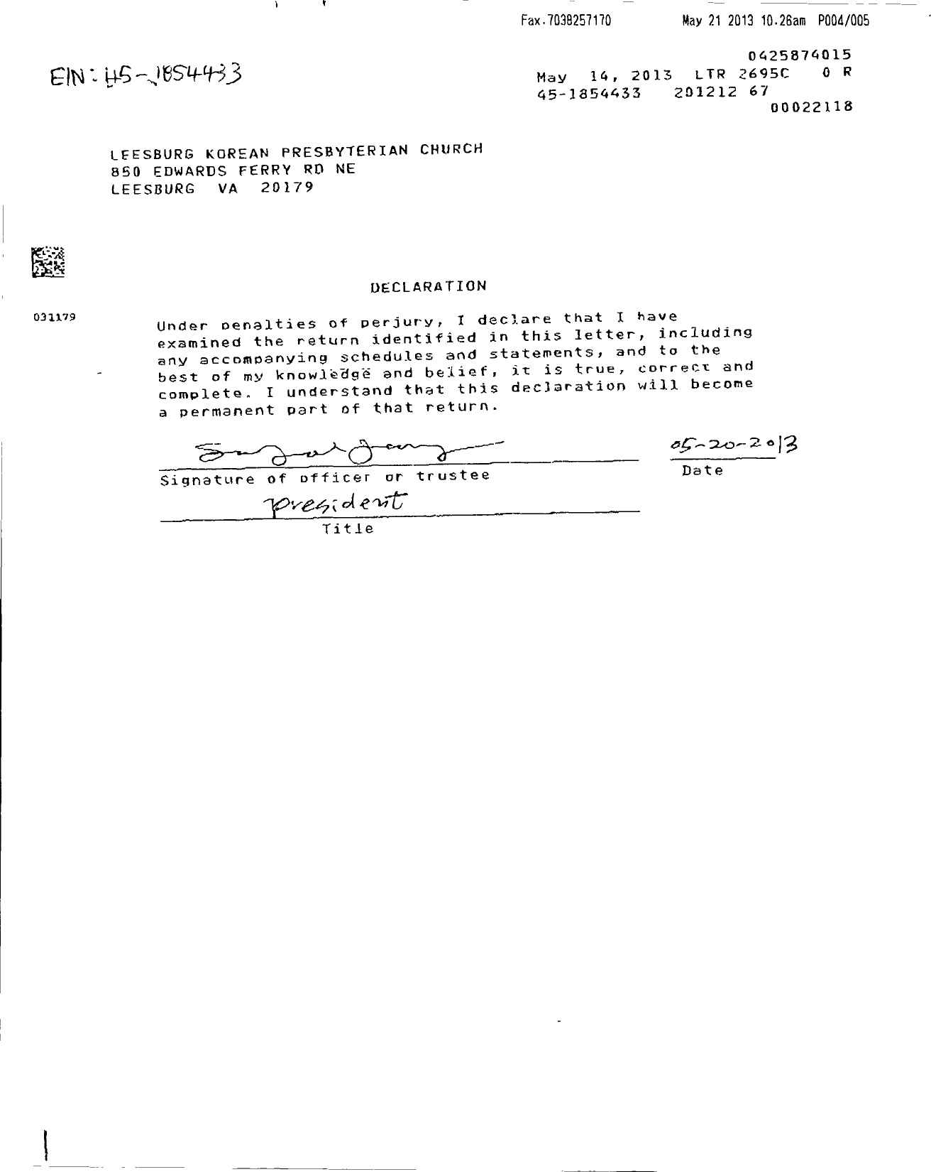 Image of first page of 2012 Form 990ER for Leesburg Korean Presbyterian Church