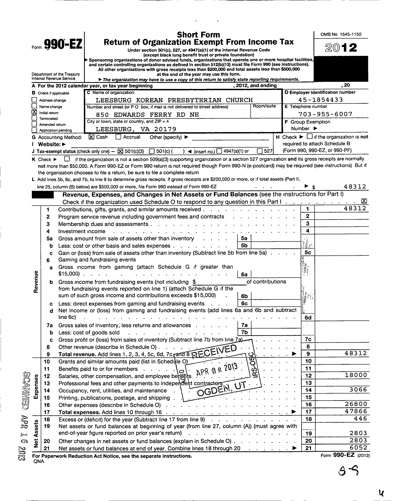 Image of first page of 2012 Form 990EZ for Leesburg Korean Presbyterian Church