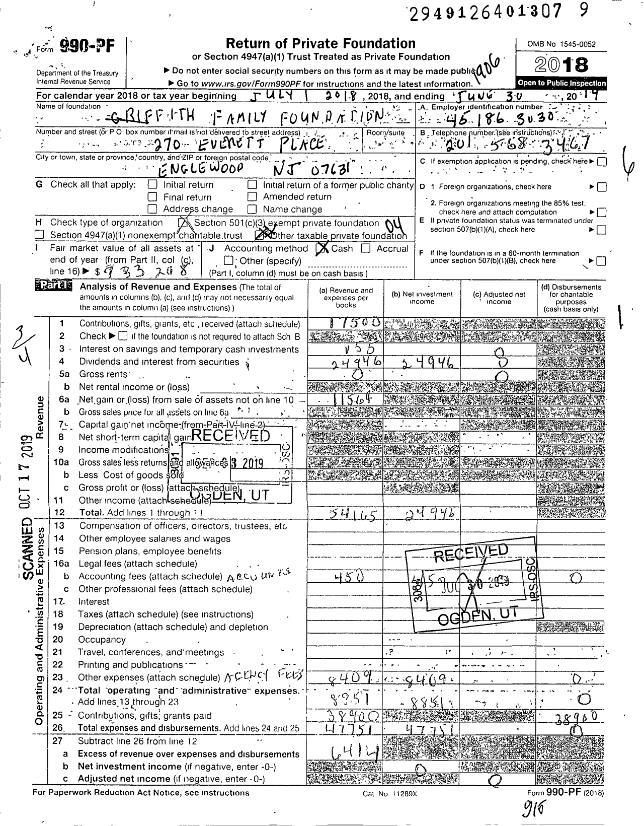 Image of first page of 2018 Form 990PF for Griffith Family Foundation