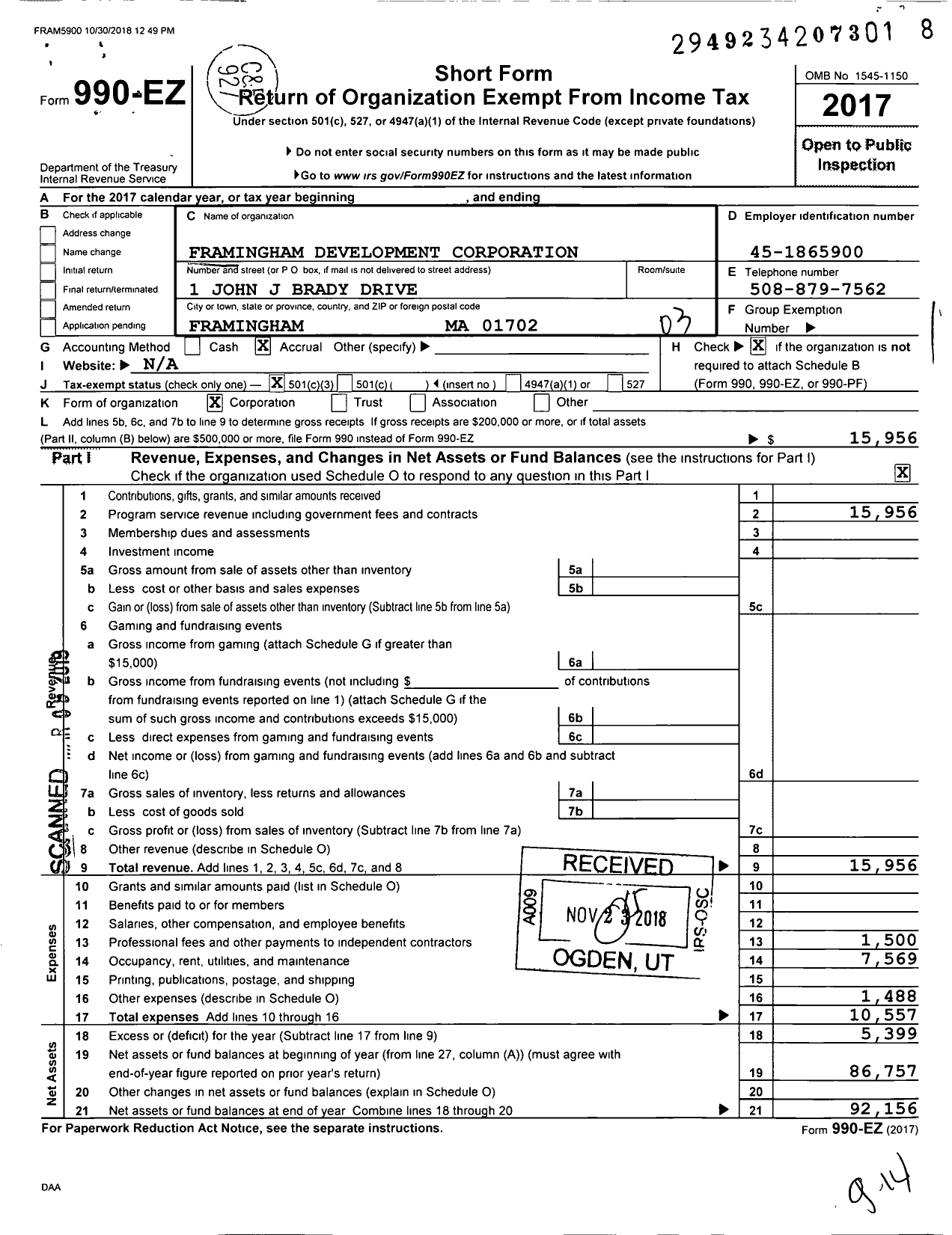 Image of first page of 2017 Form 990EZ for Framingham Development Corporation