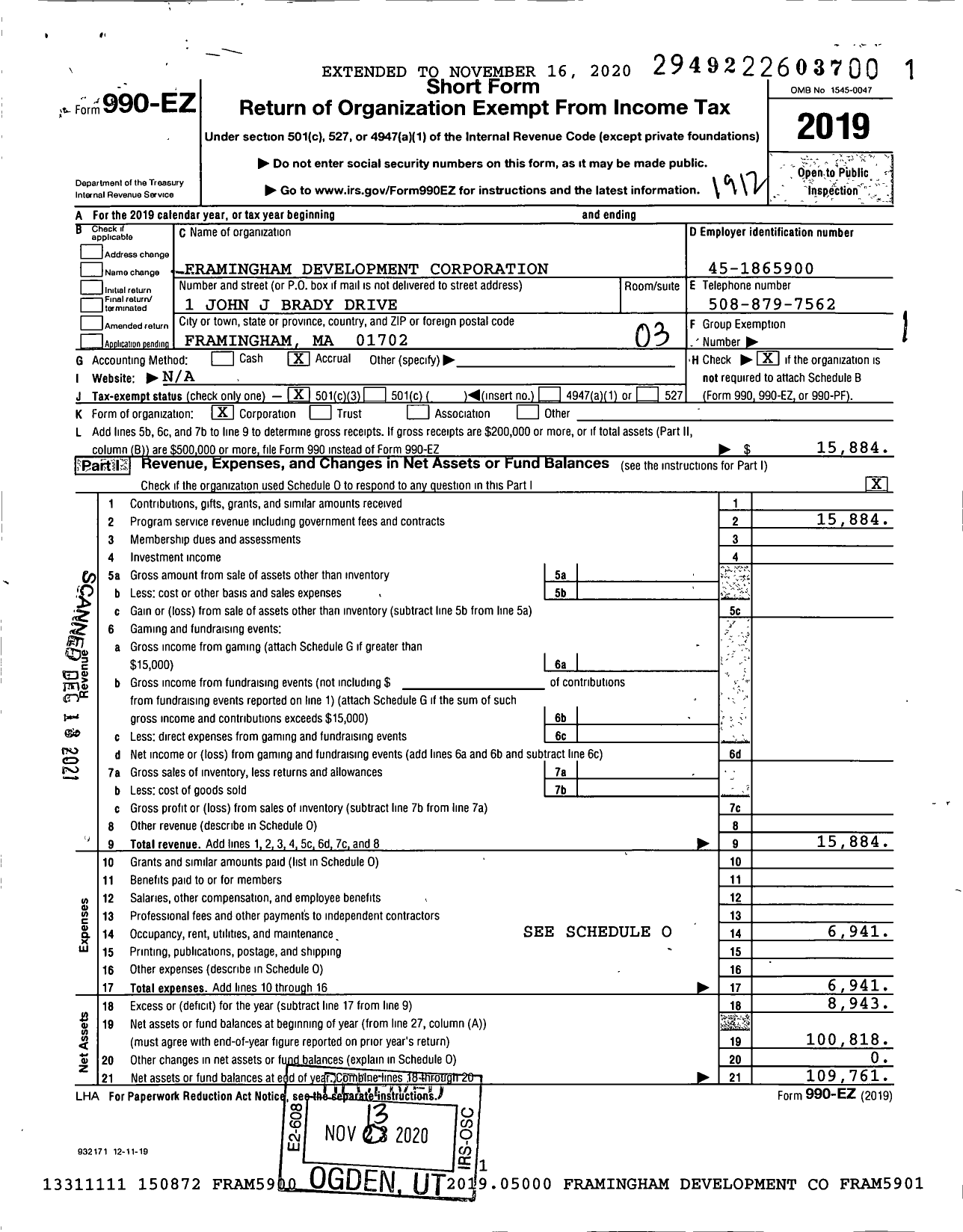 Image of first page of 2019 Form 990EZ for Framingham Development Corporation