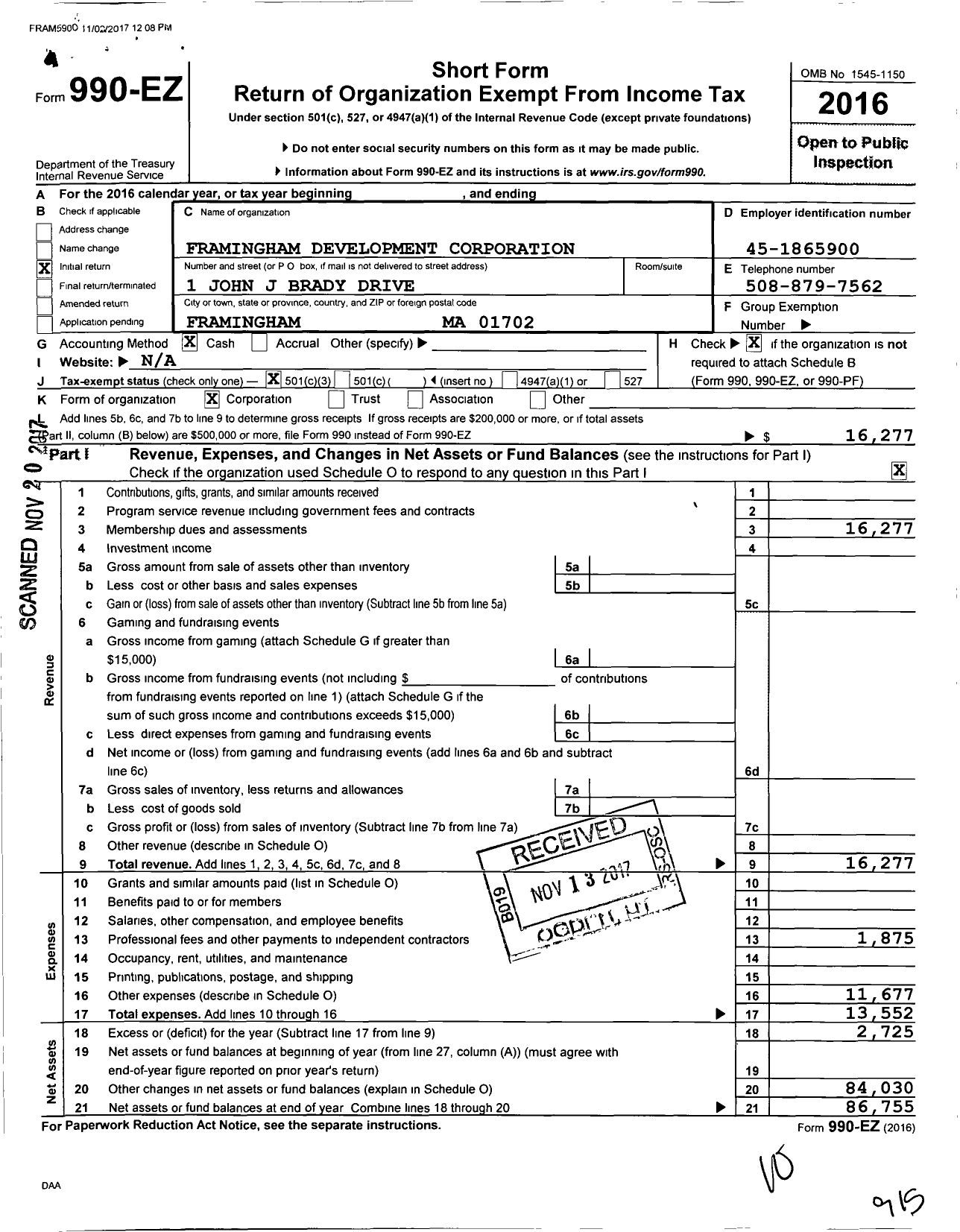 Image of first page of 2016 Form 990EZ for Framingham Development Corporation