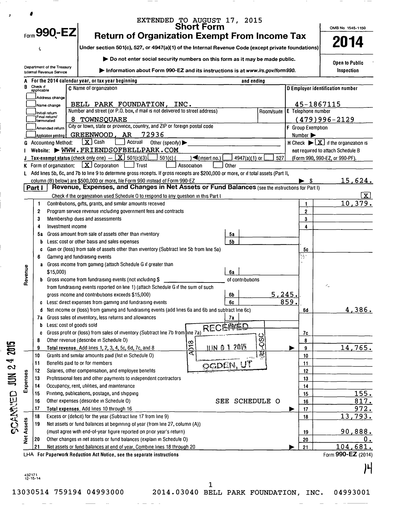 Image of first page of 2014 Form 990EZ for Bell Park Foundation