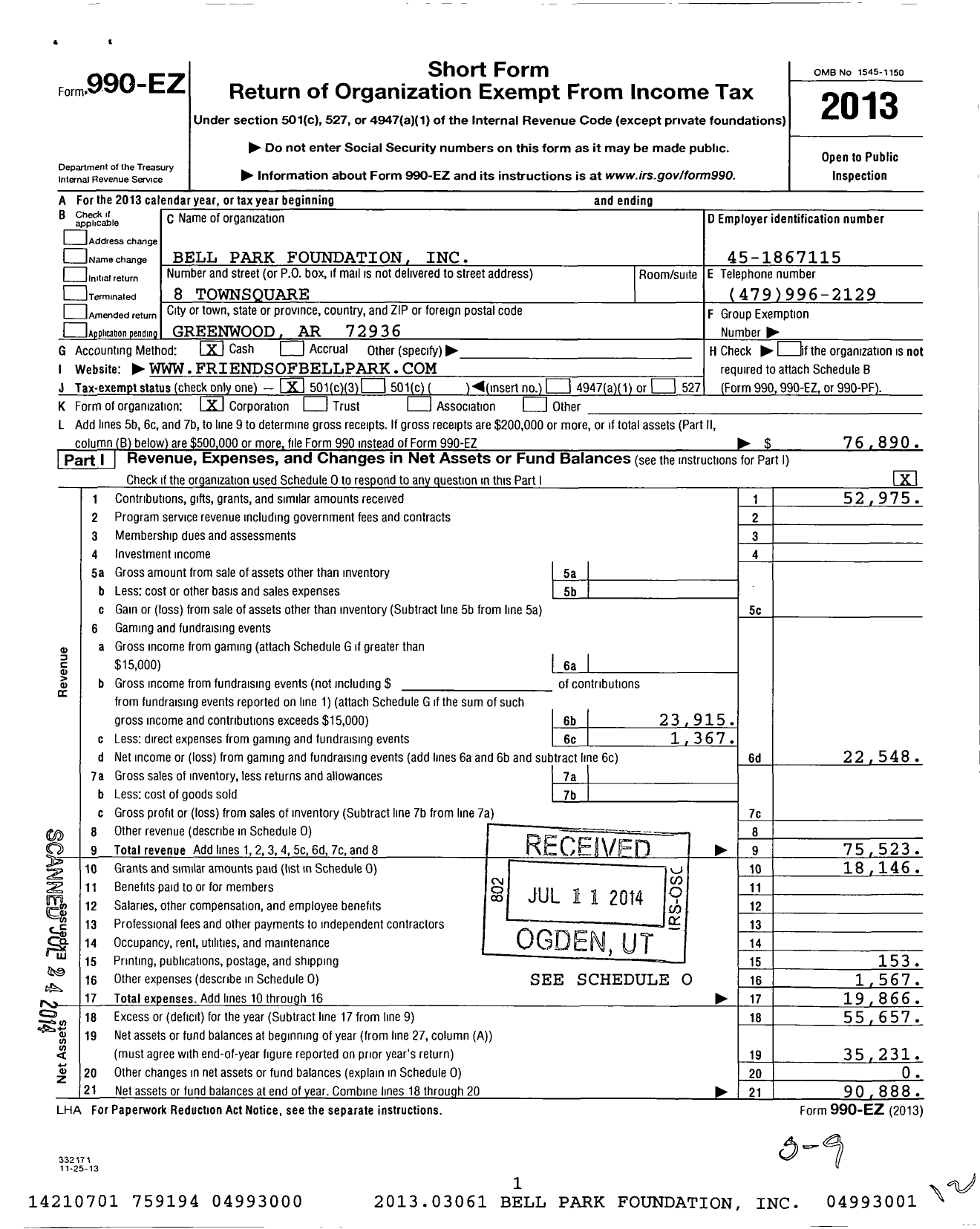 Image of first page of 2013 Form 990EZ for Bell Park Foundation