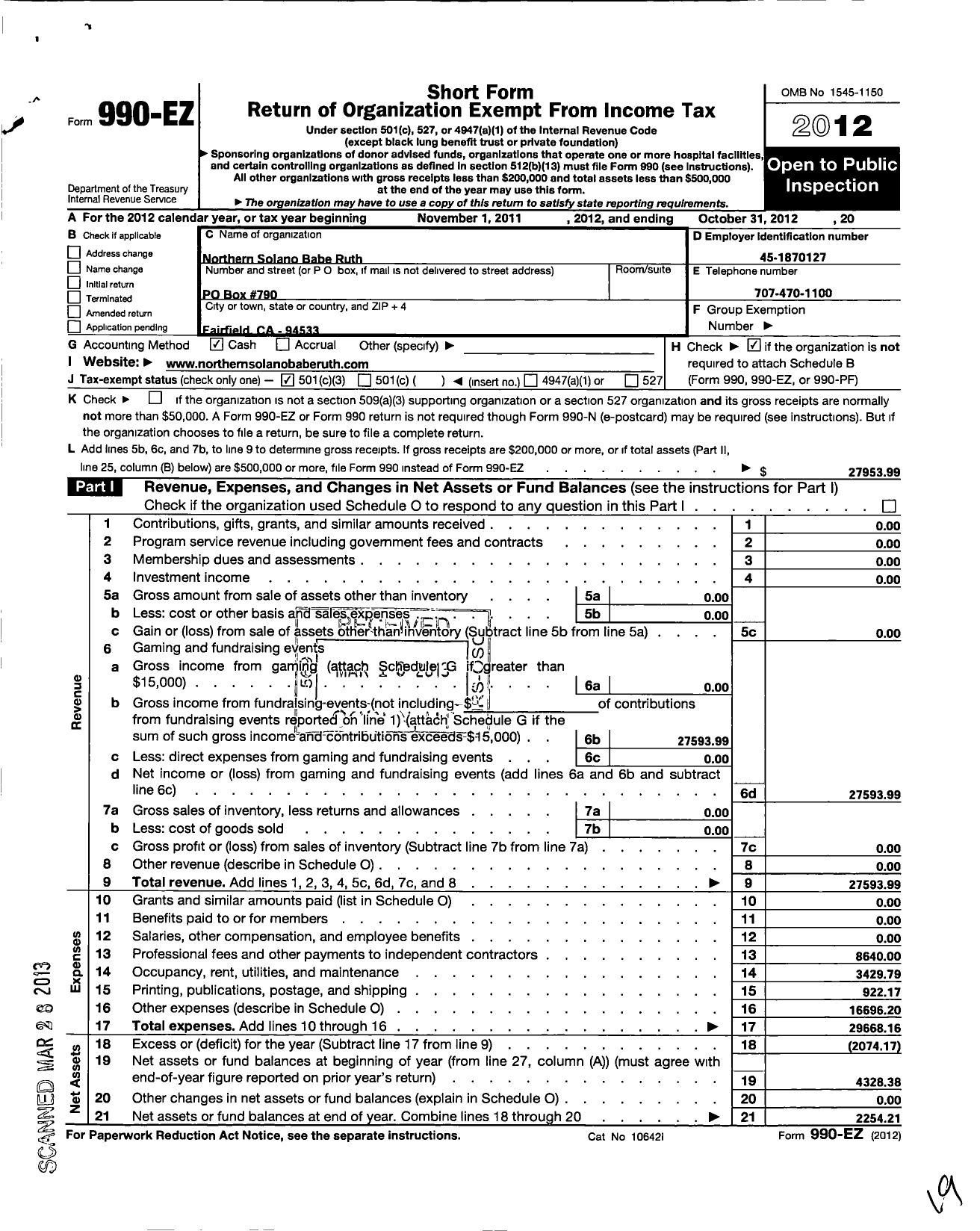 Image of first page of 2011 Form 990EZ for Northern Solano Babe Ruth