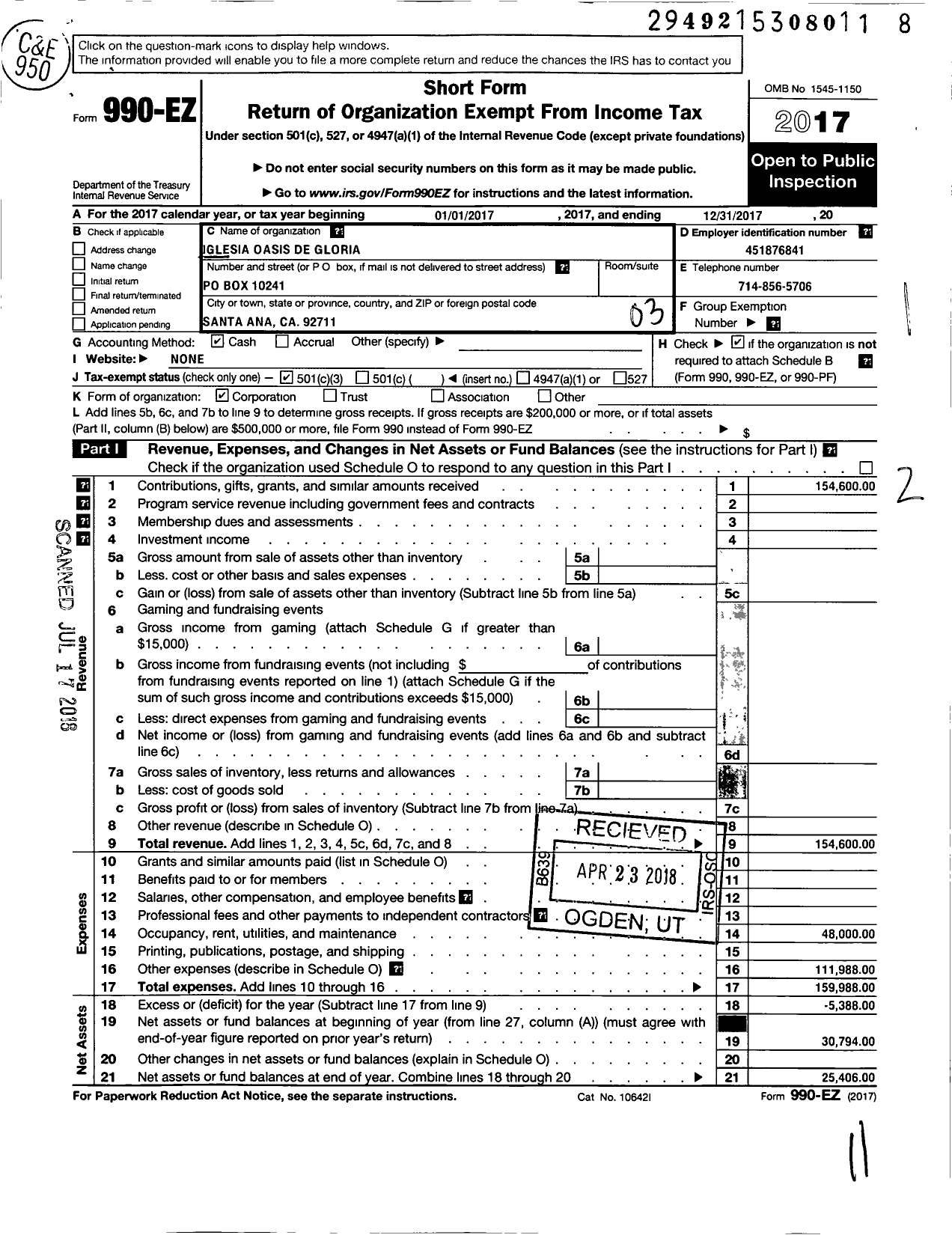 Image of first page of 2017 Form 990EZ for Iglesia Oasis de Gloria