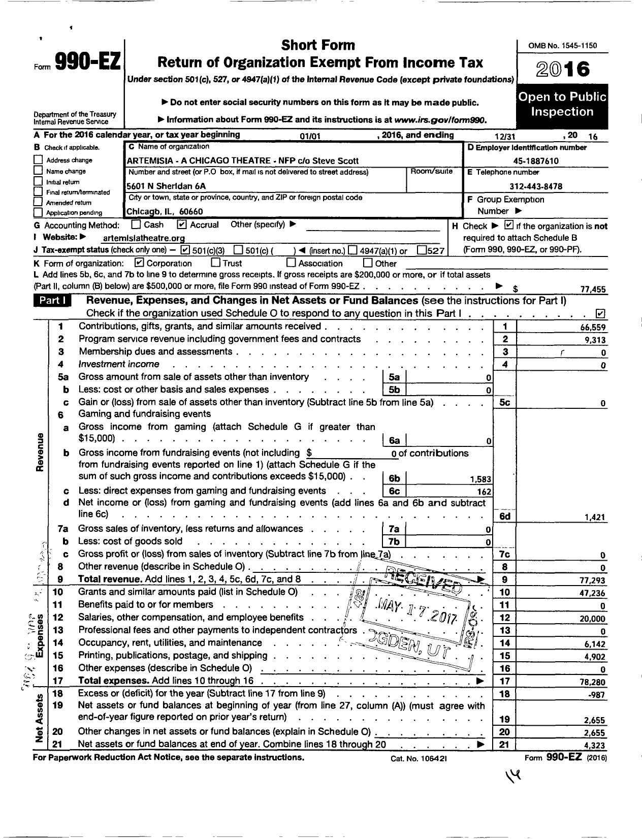 Image of first page of 2016 Form 990EZ for Artemisia A Chicago Theatre