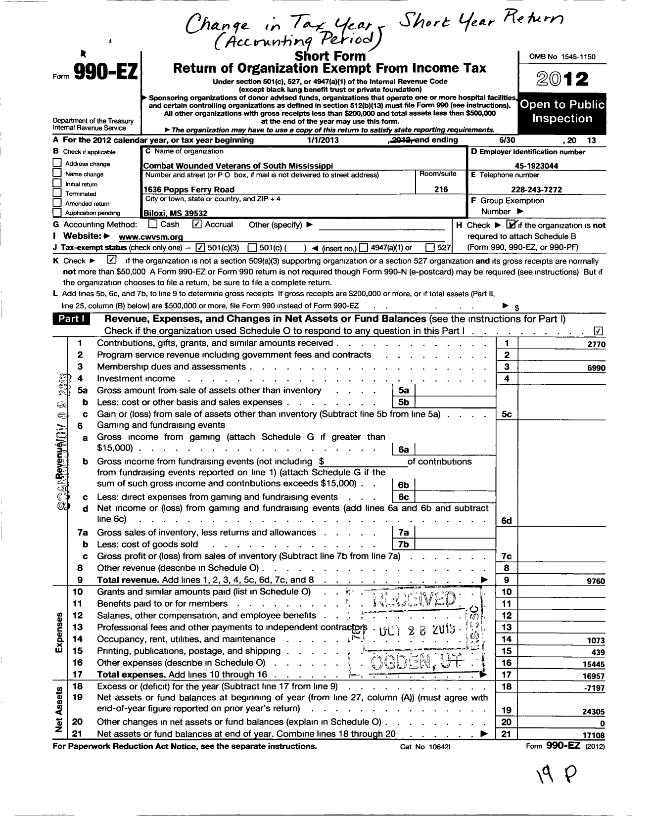 Image of first page of 2012 Form 990EZ for Combat Wounded Veterans of South Mississippi (CWVSM)