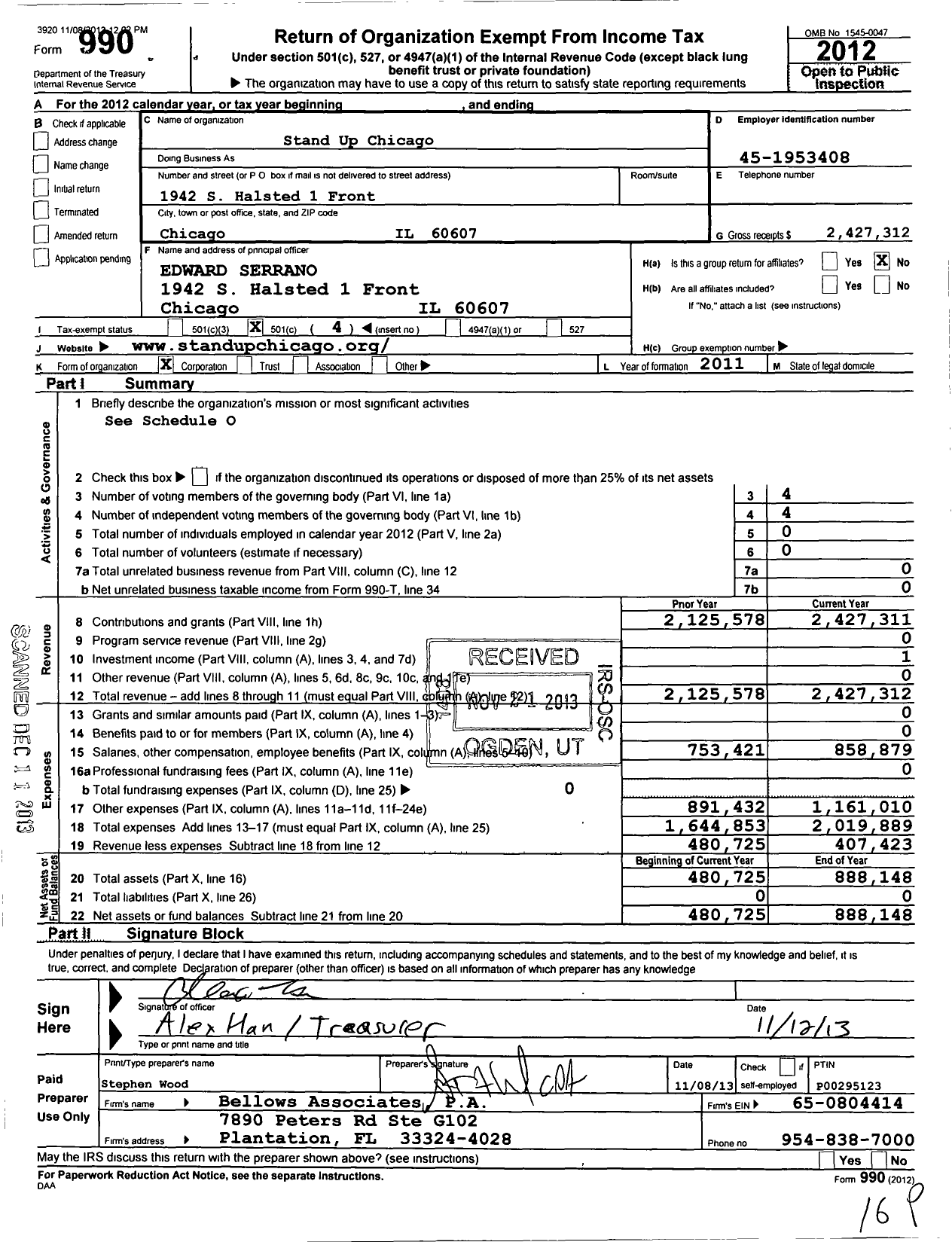 Image of first page of 2012 Form 990O for Stand Up Chicago