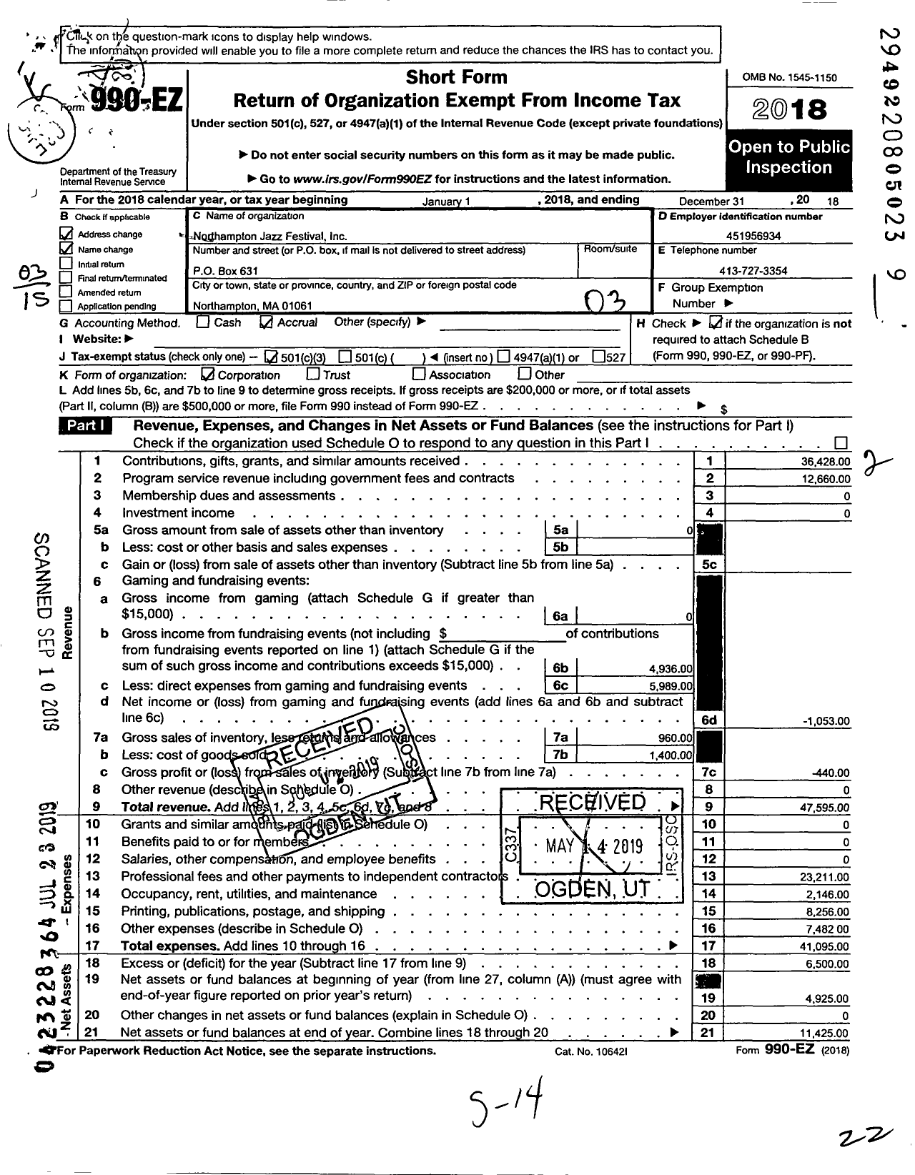 Image of first page of 2018 Form 990EZ for Northampton Jazz Festival