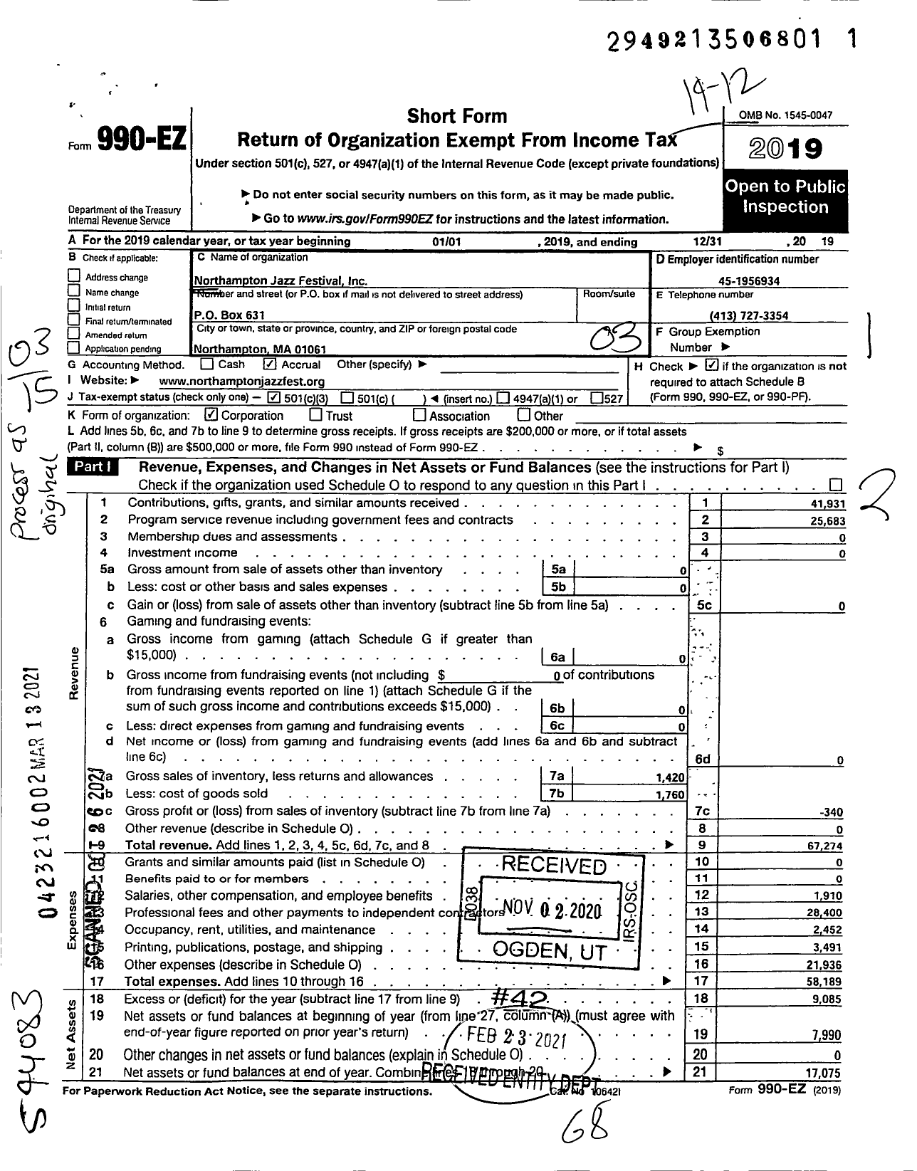 Image of first page of 2019 Form 990EZ for Northampton Jazz Festival