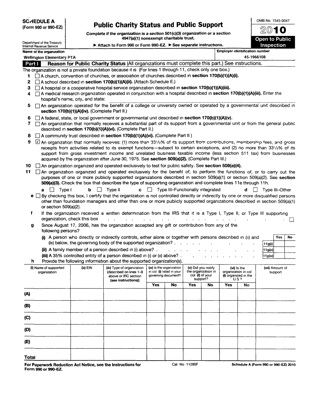 Image of first page of 2010 Form 990ER for PTA Kentucky Congress / Wellington Elementary PTA