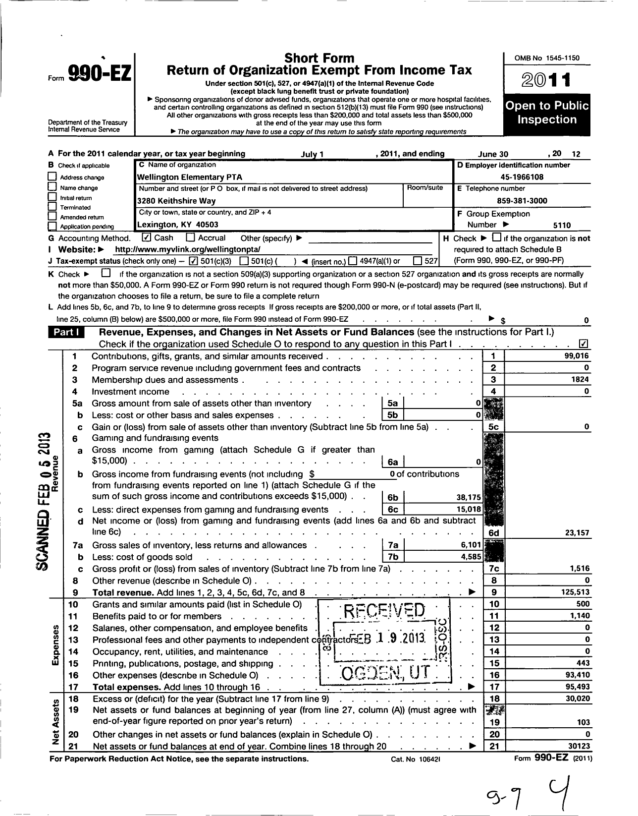 Image of first page of 2011 Form 990EZ for PTA Kentucky Congress / Wellington Elementary PTA