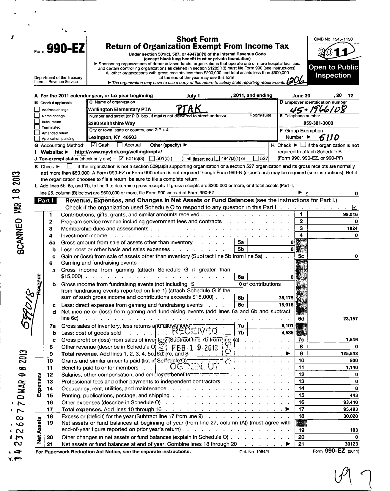 Image of first page of 2011 Form 990EZ for PTA Kentucky Congress / Wellington Elementary PTA