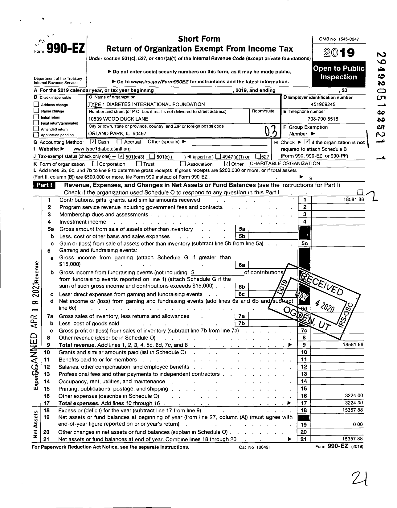 Image of first page of 2019 Form 990EZ for Type 1 Diabetes International Foundation