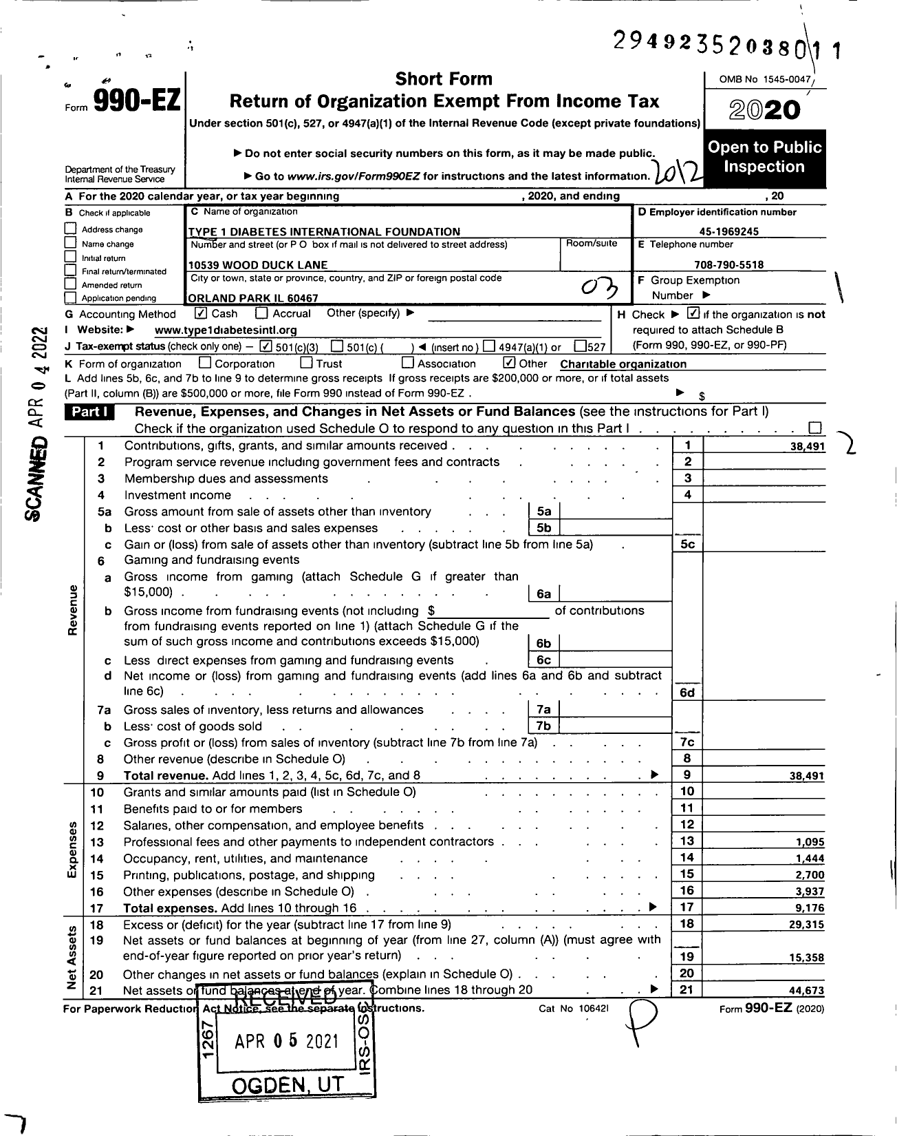 Image of first page of 2020 Form 990EZ for Type 1 Diabetes International Foundation