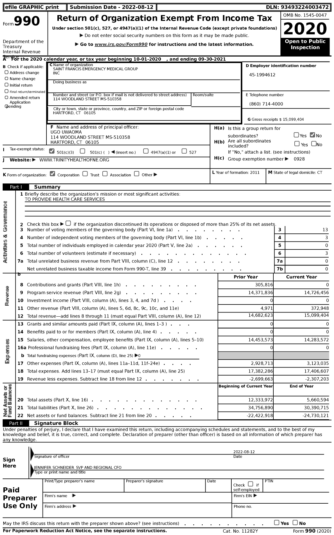 Image of first page of 2020 Form 990 for Saint Francis Emergency Medical Group