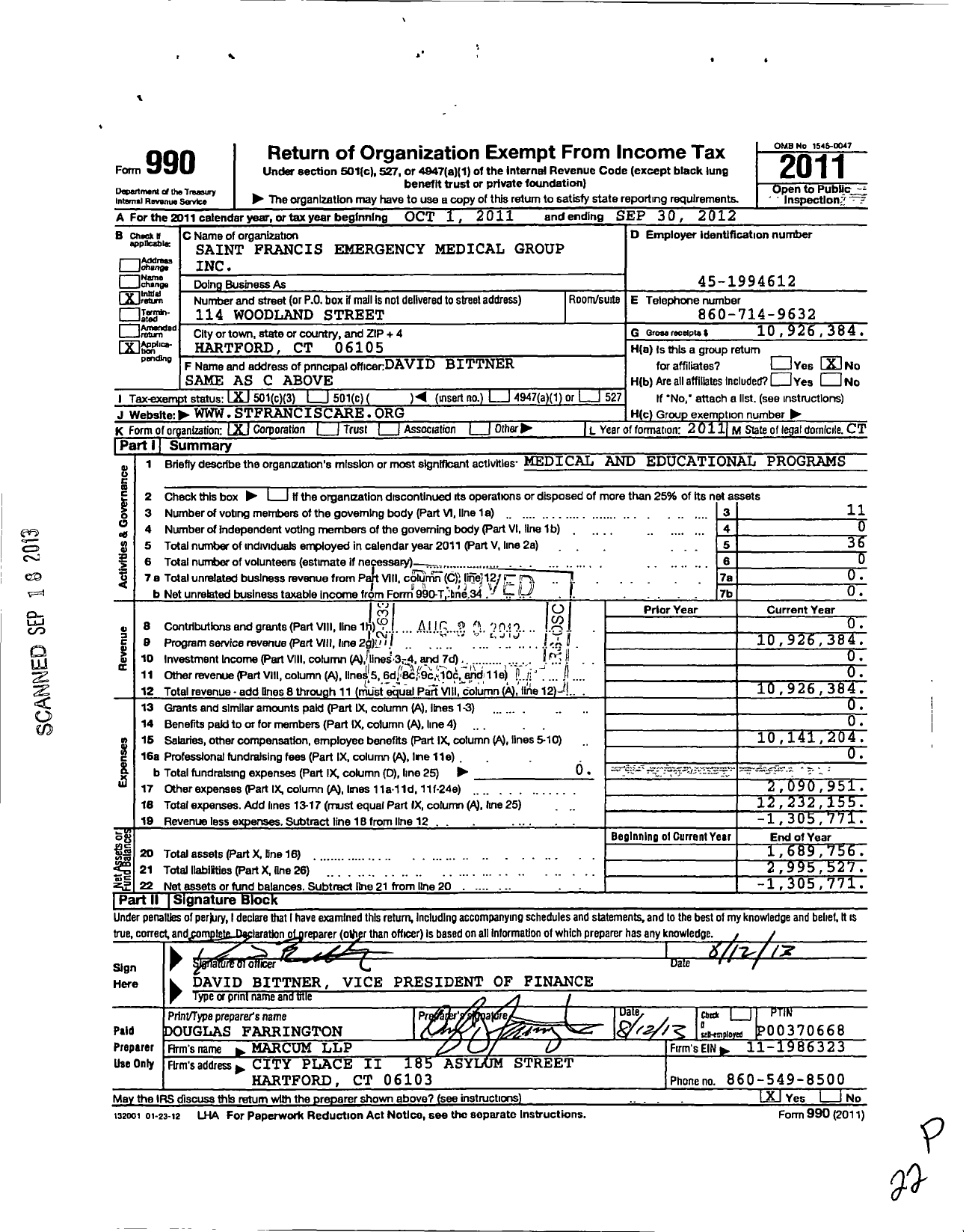 Image of first page of 2011 Form 990 for Saint Francis Emergency Medical Group