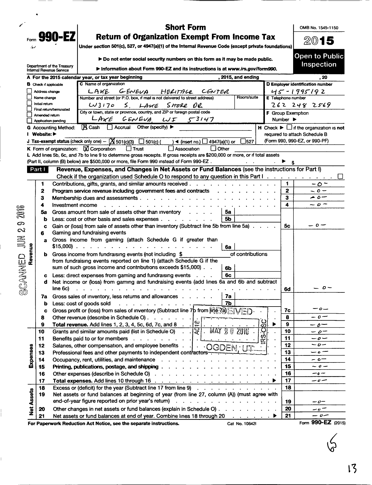 Image of first page of 2015 Form 990EZ for Lake Geneva Heritage Center