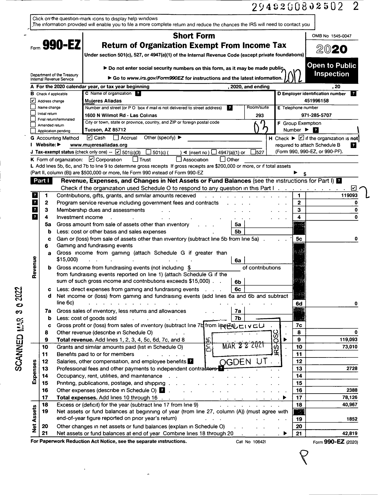 Image of first page of 2020 Form 990EZ for Mujeres Aliadas