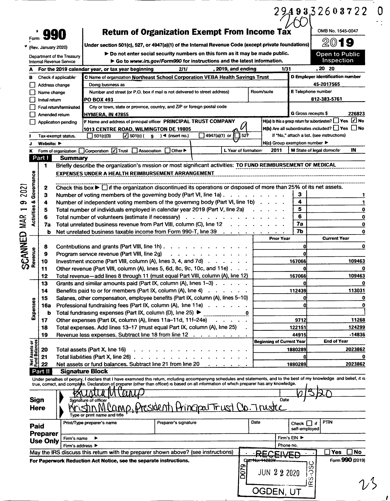 Image of first page of 2019 Form 990O for Northeast School Corporation Veba Health Savings Trust