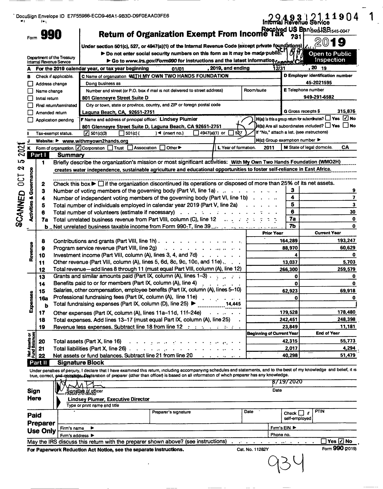 Image of first page of 2019 Form 990 for With My Own Two Hands Foundation