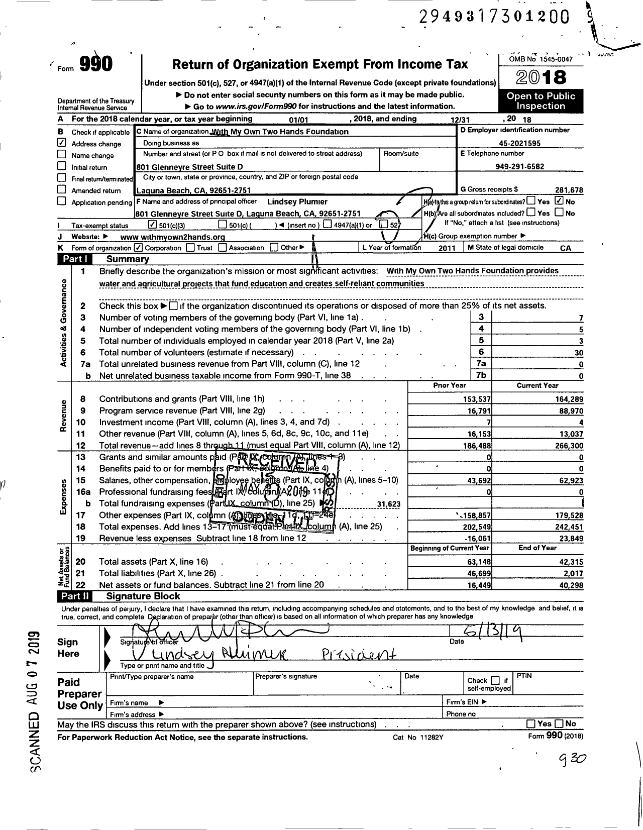 Image of first page of 2018 Form 990 for With My Own Two Hands Foundation