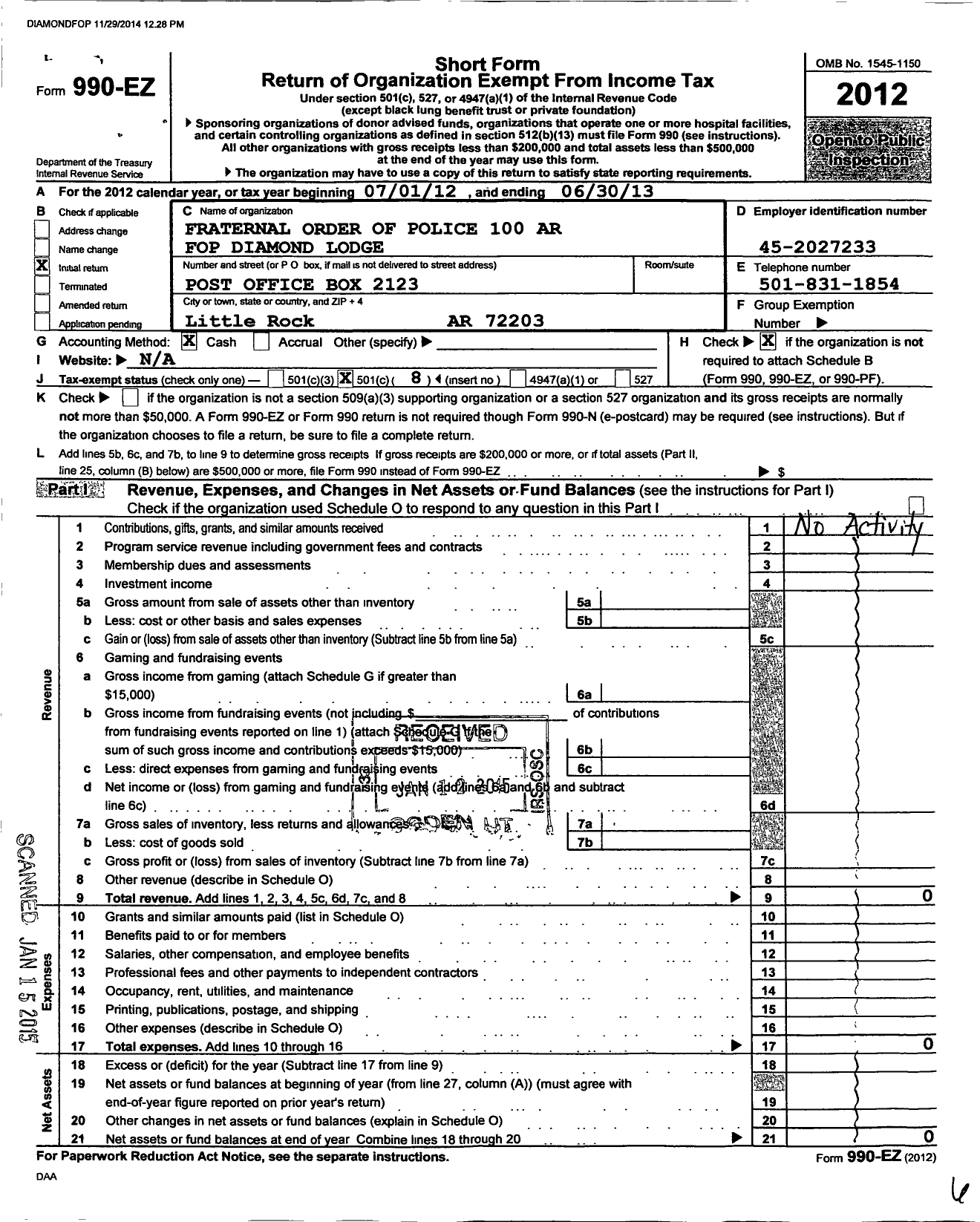 Image of first page of 2012 Form 990EO for Fraternal Order of Police - 100 Ar Fop Diamond Lodge