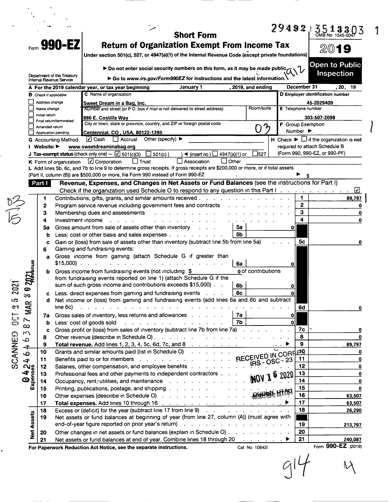 Image of first page of 2019 Form 990EZ for Sweet Dream in A Bag