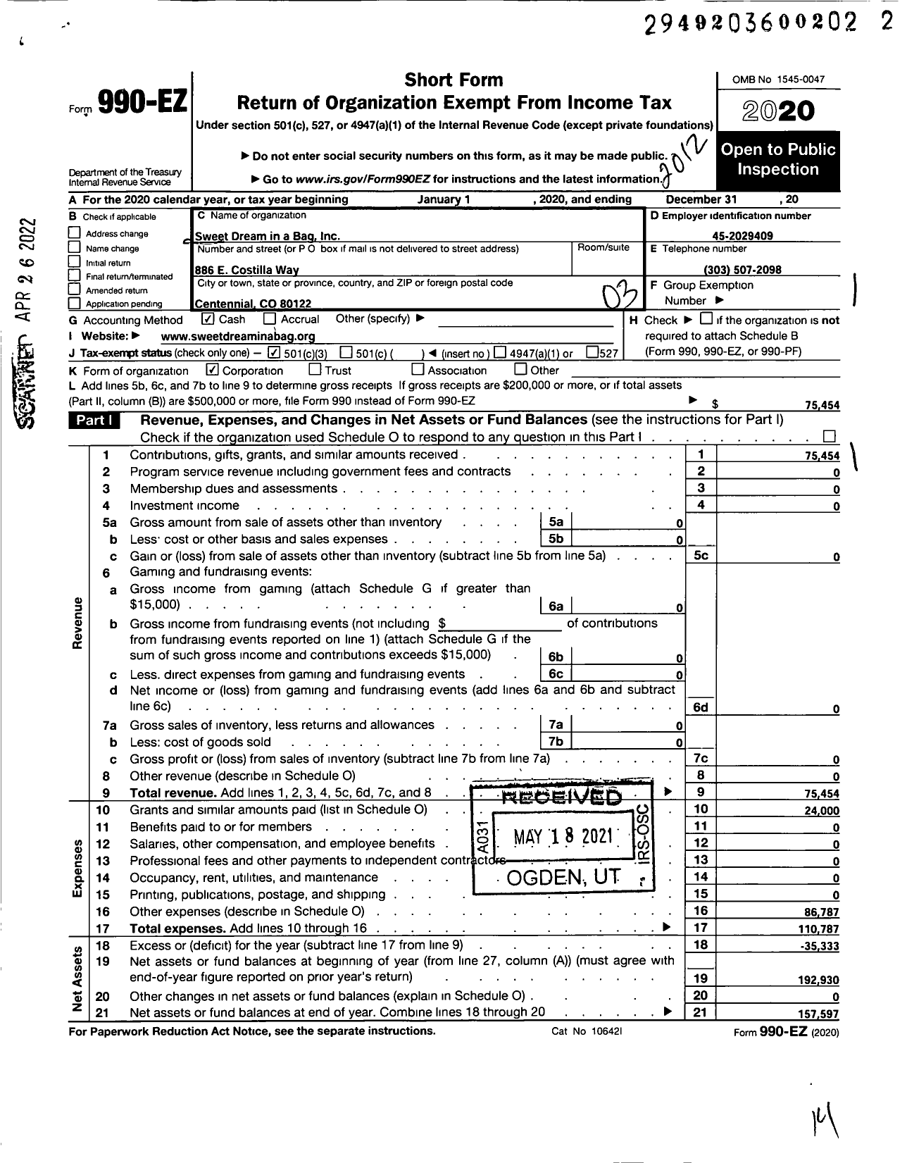 Image of first page of 2020 Form 990EZ for Sweet Dream in A Bag