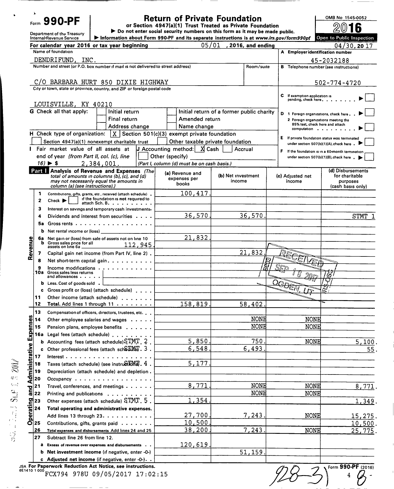 Image of first page of 2016 Form 990PF for Dendrifund Ima Dated 6162015