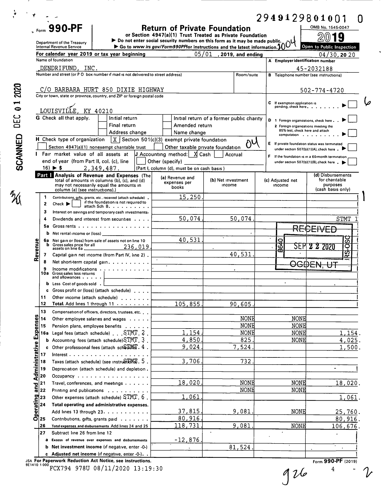 Image of first page of 2019 Form 990PF for Dendrifund Ima Dated 6162015