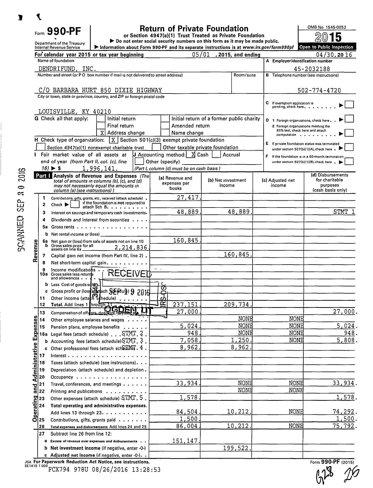 Image of first page of 2015 Form 990PF for Dendrifund Ima Dated 6162015