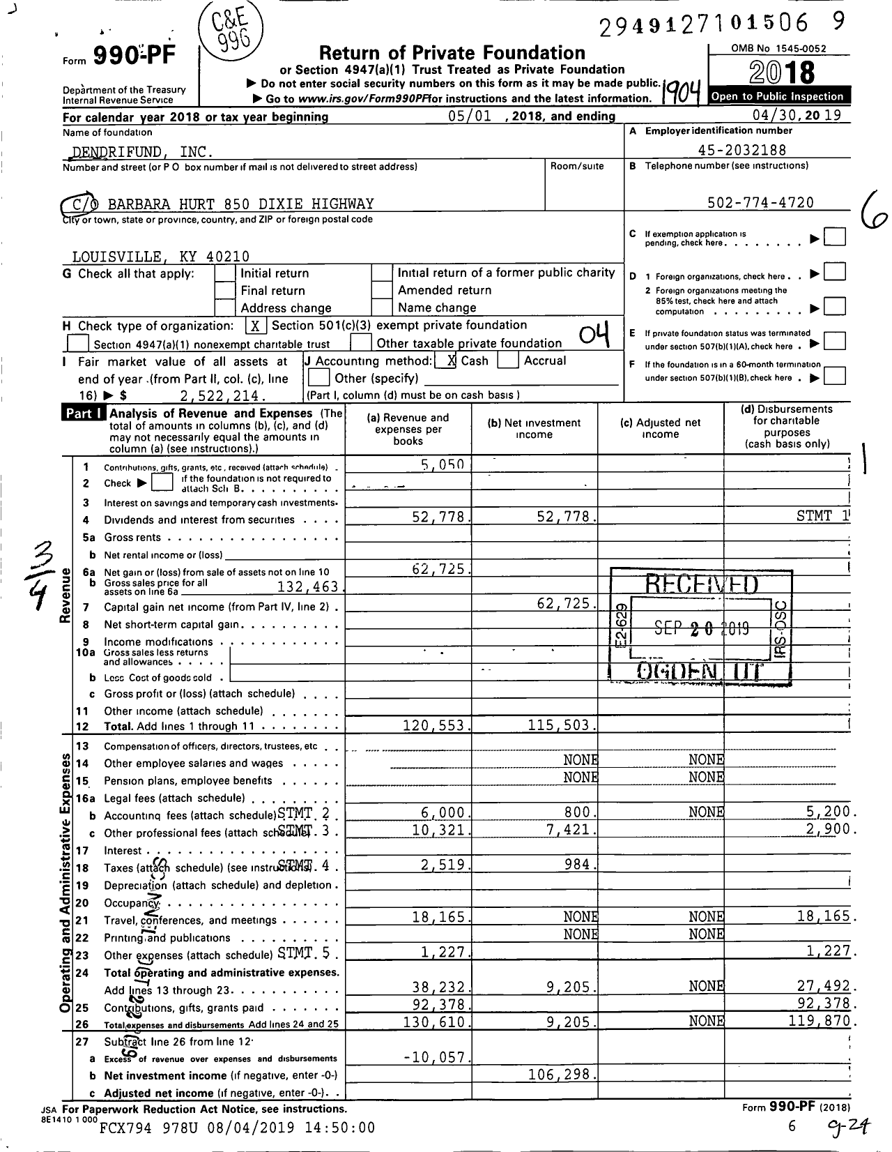 Image of first page of 2018 Form 990PF for Dendrifund Ima Dated 6162015