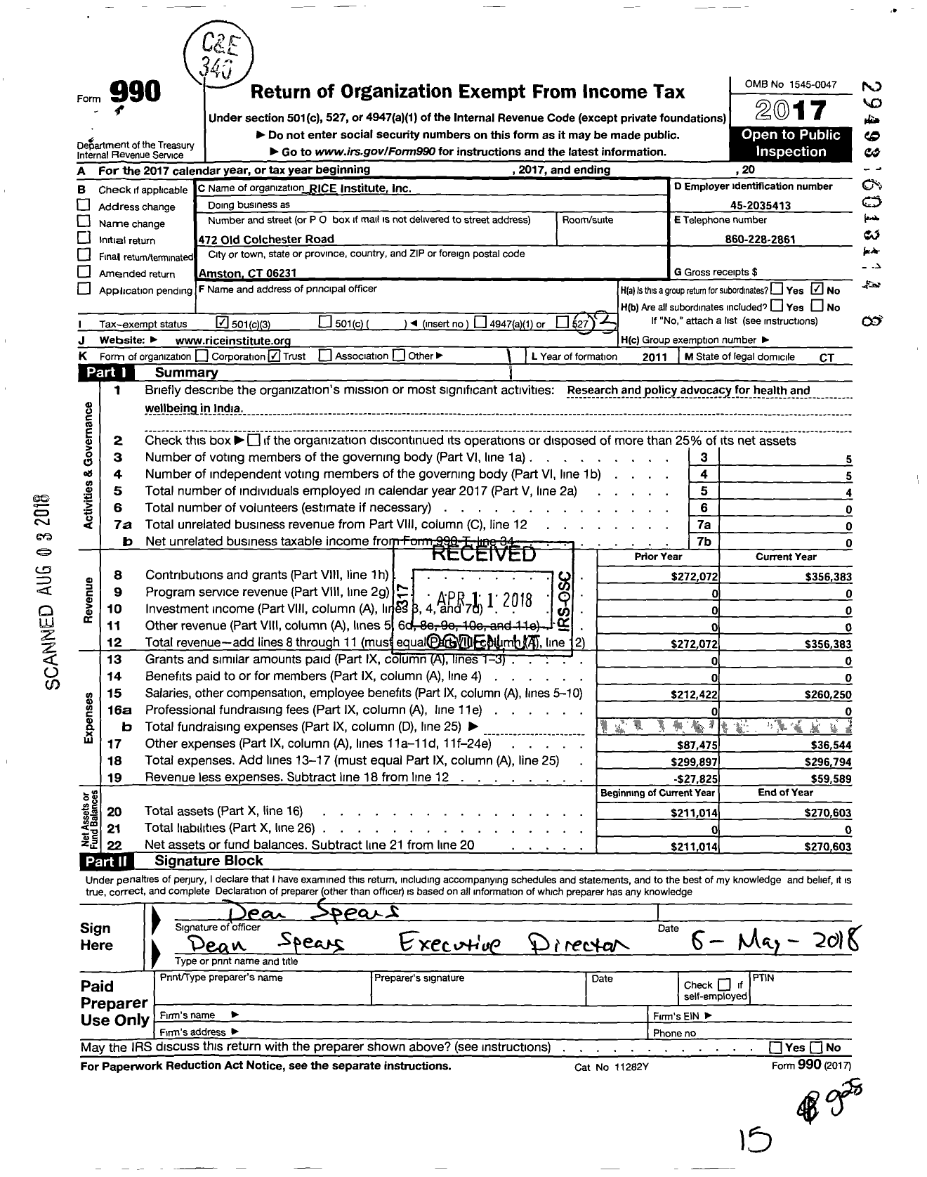 Image of first page of 2017 Form 990 for Rice Institute