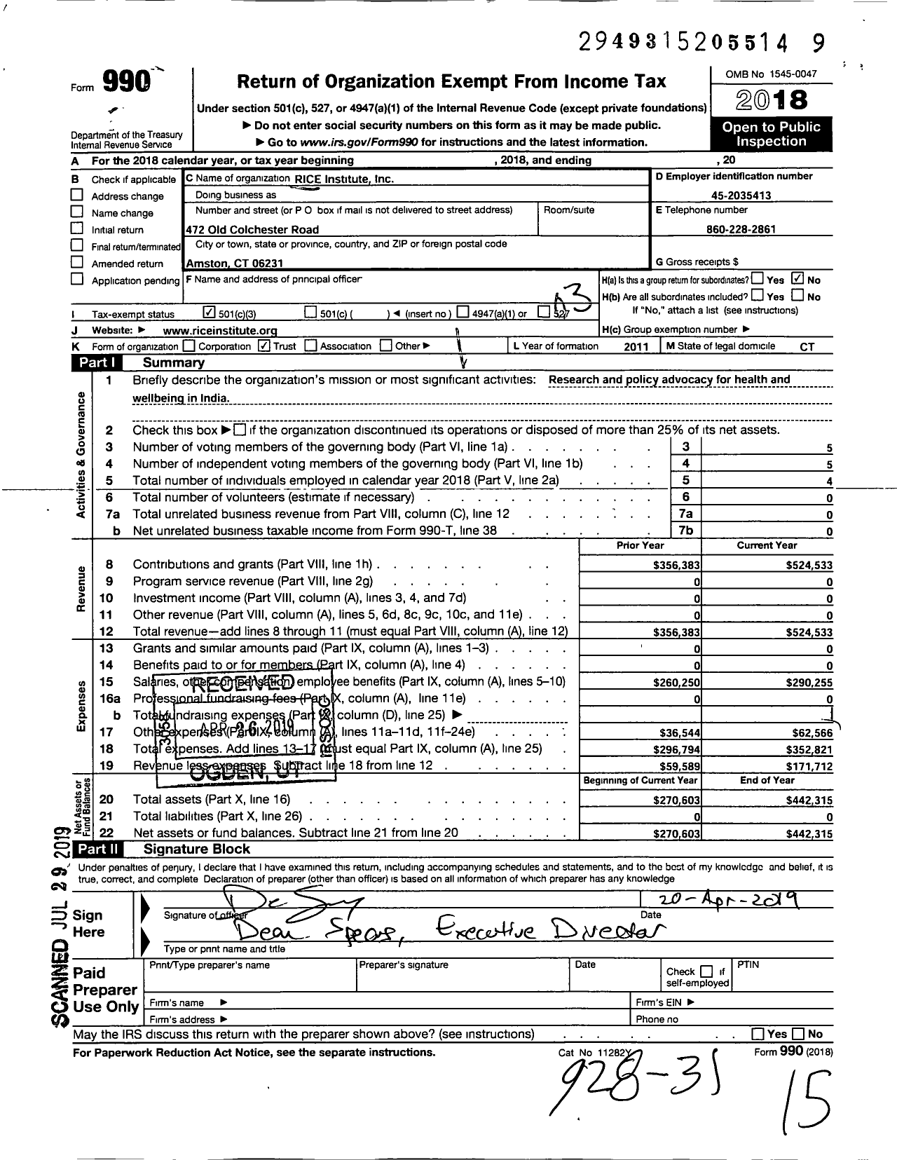 Image of first page of 2018 Form 990 for Rice Institute