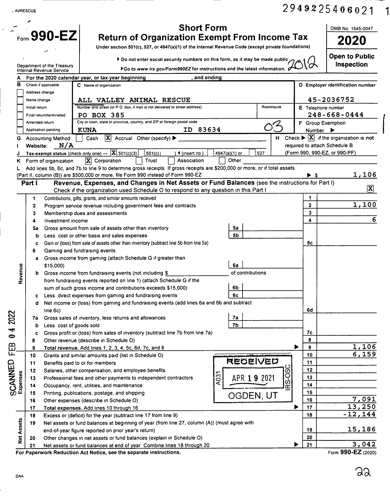 Image of first page of 2020 Form 990EZ for All Valley Animal Rescue