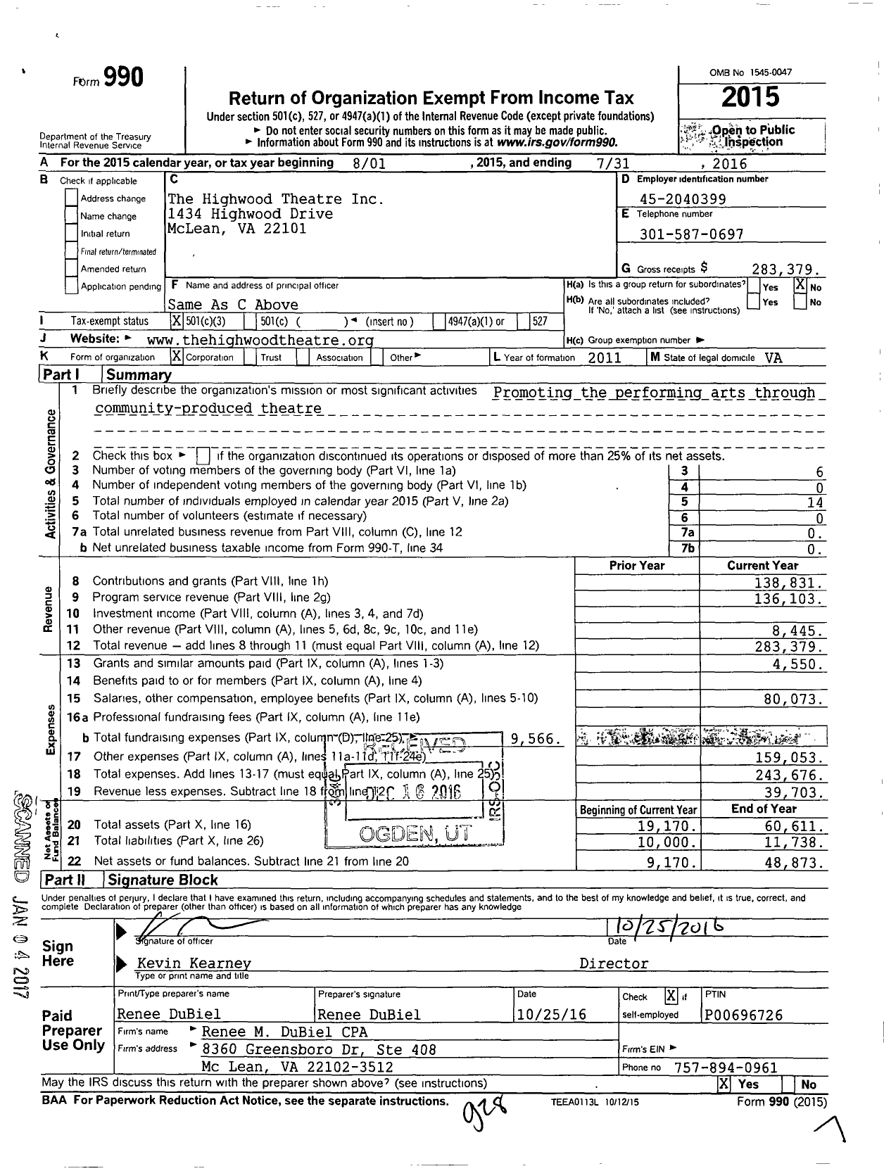 Image of first page of 2015 Form 990 for The Highwood Theatre