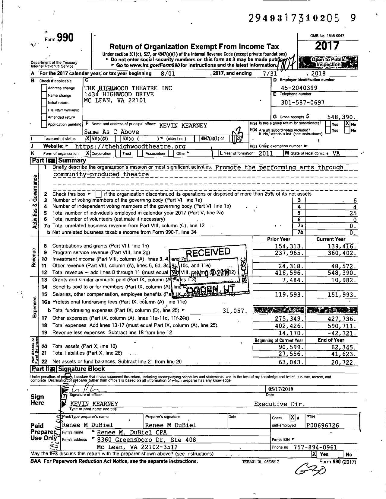 Image of first page of 2017 Form 990 for The Highwood Theatre