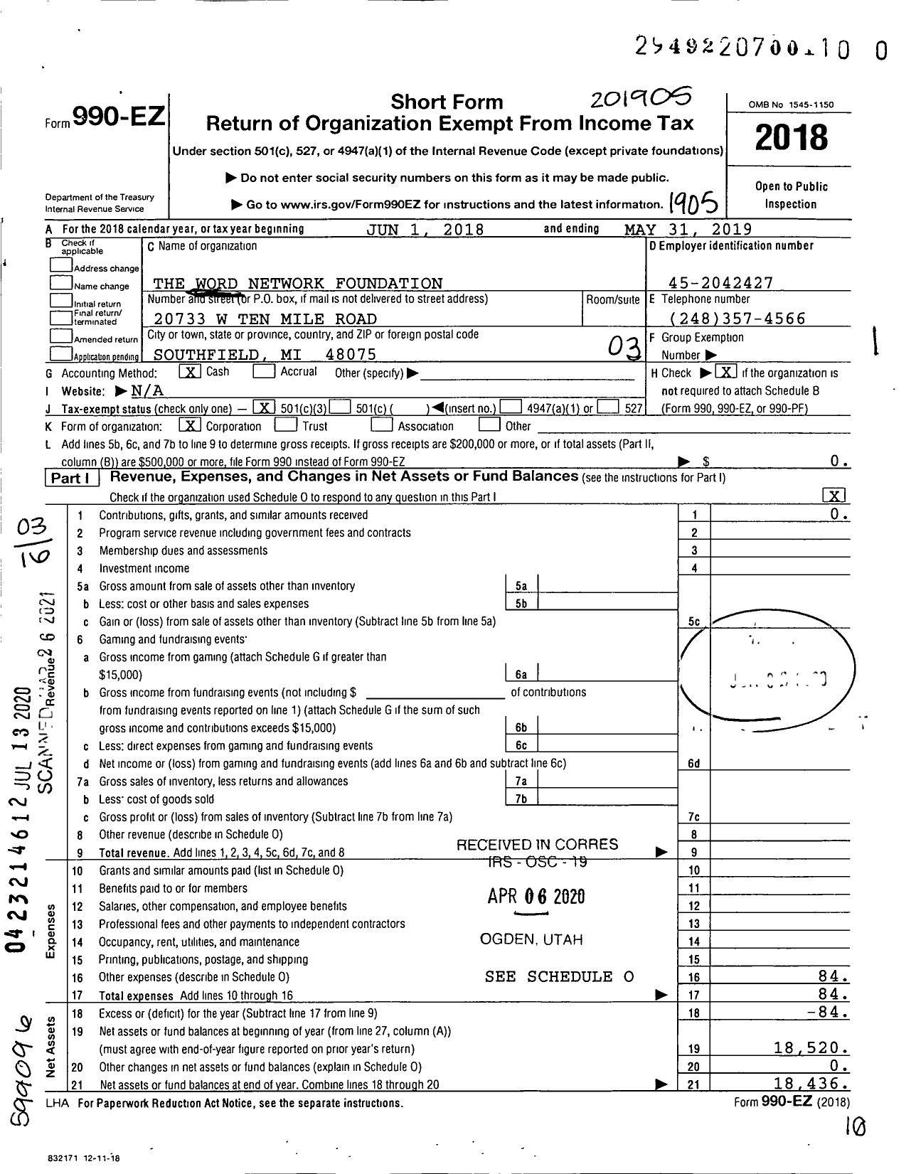 Image of first page of 2018 Form 990EZ for The Word Network Foundation