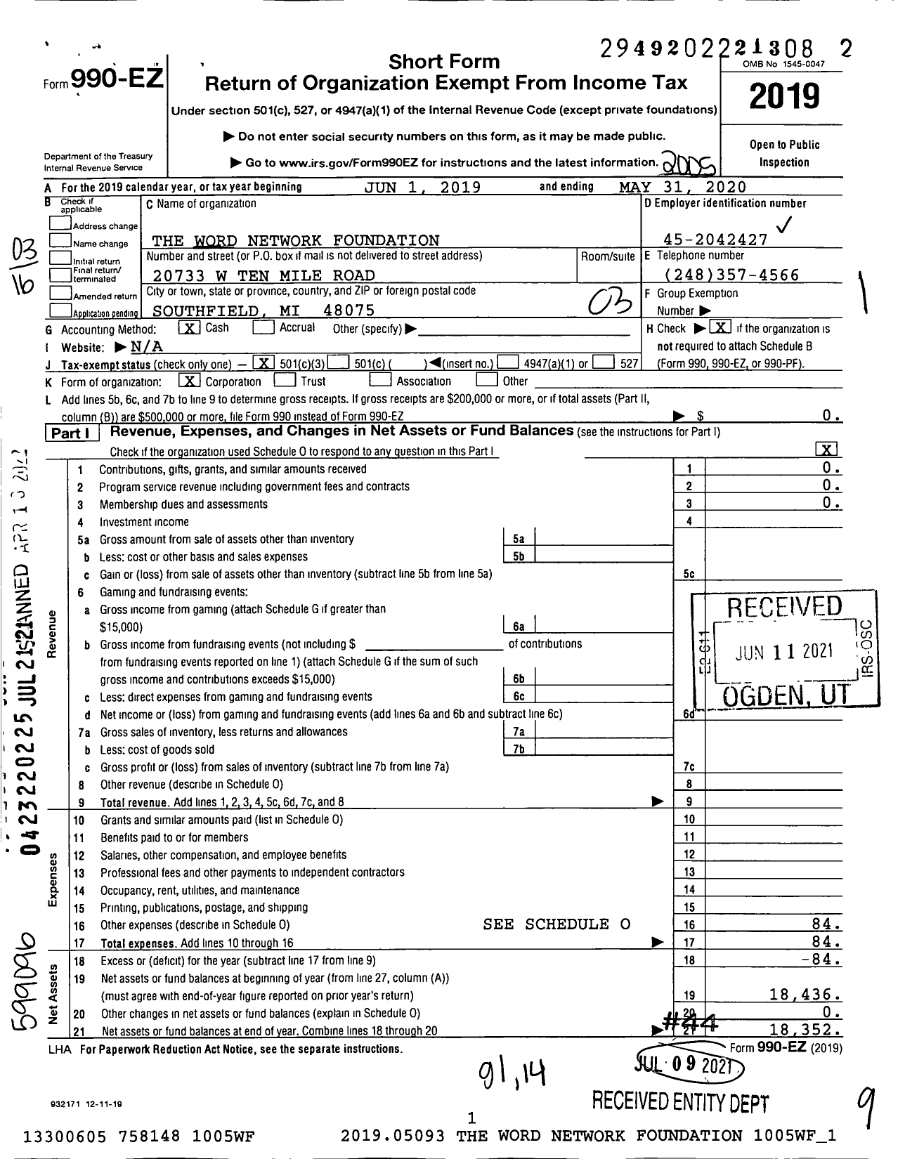 Image of first page of 2019 Form 990EZ for The Word Network Foundation