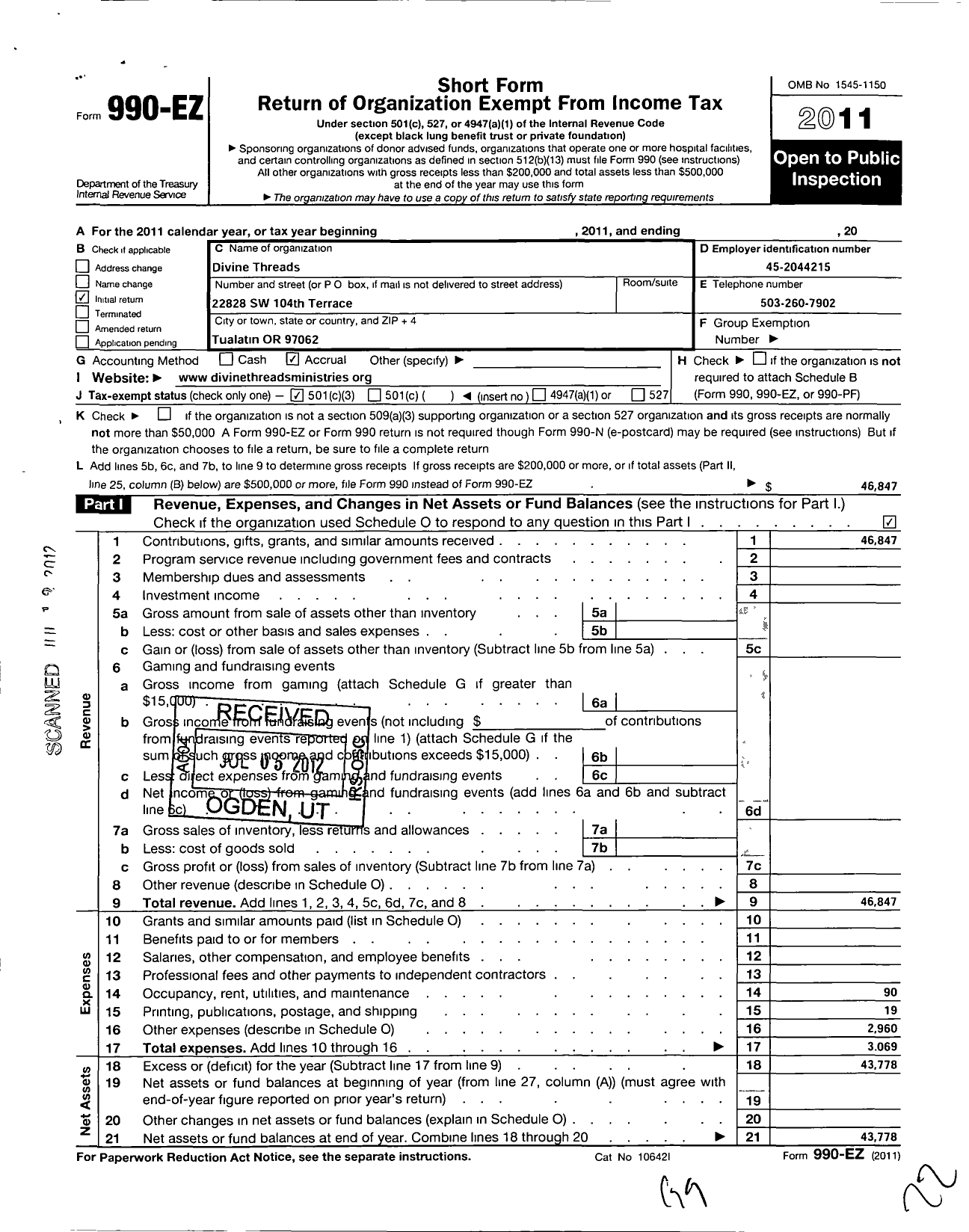 Image of first page of 2011 Form 990EZ for Divine Threads