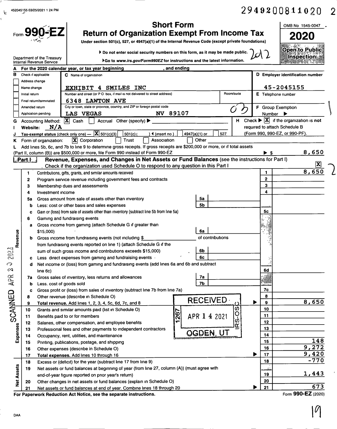 Image of first page of 2020 Form 990EZ for Exhibit 4 Smiles