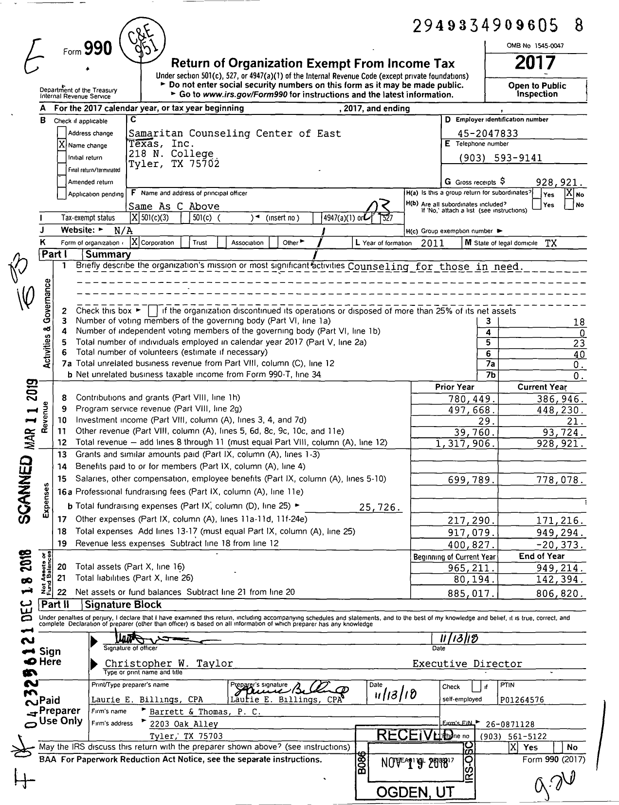 Image of first page of 2017 Form 990 for Mosaic Counseling Centers of East Texas