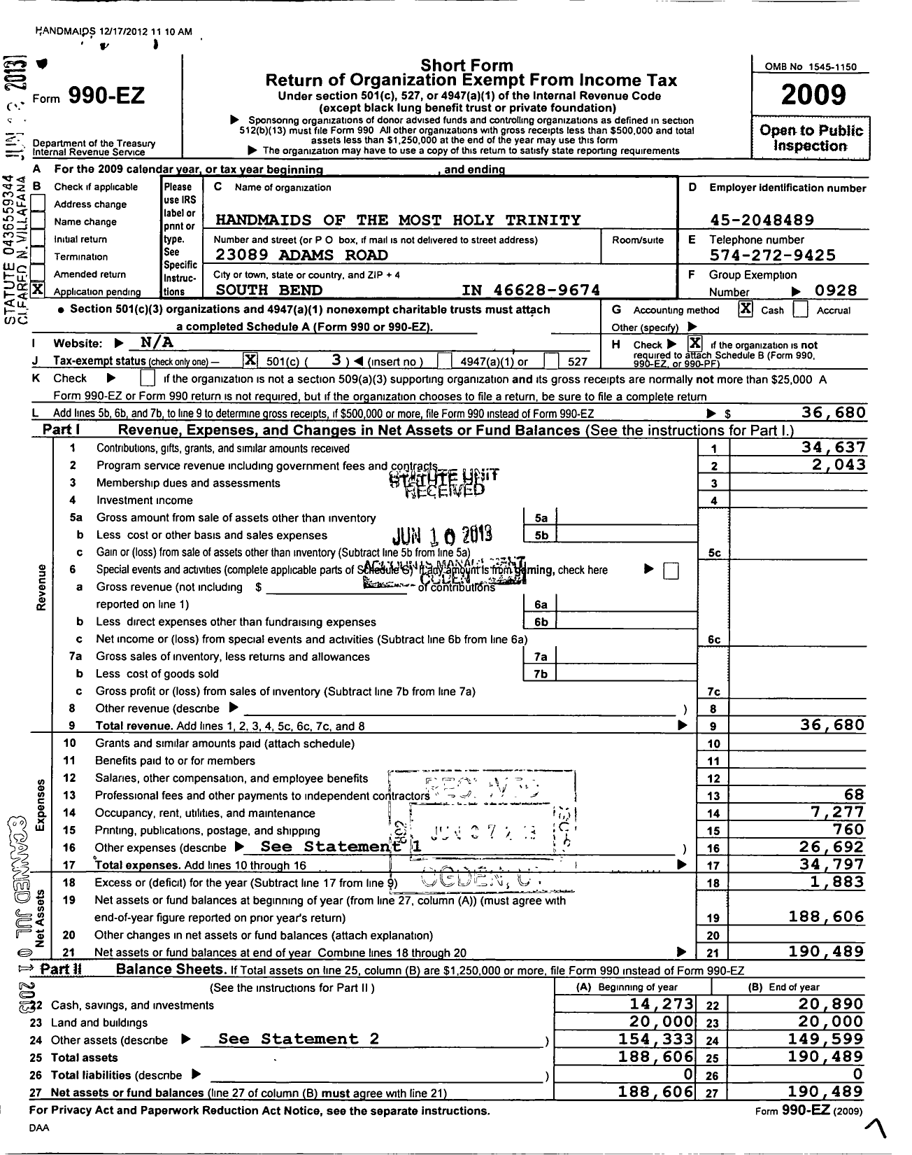 Image of first page of 2009 Form 990EZ for Handmaids of the Most Holy Trinity