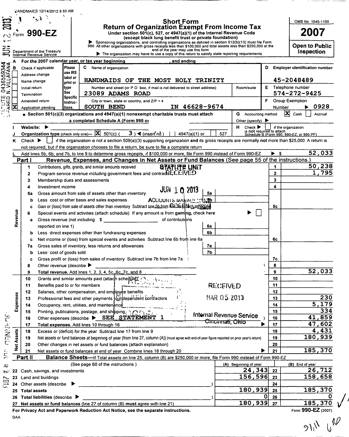 Image of first page of 2007 Form 990EZ for Handmaids of the Most Holy Trinity