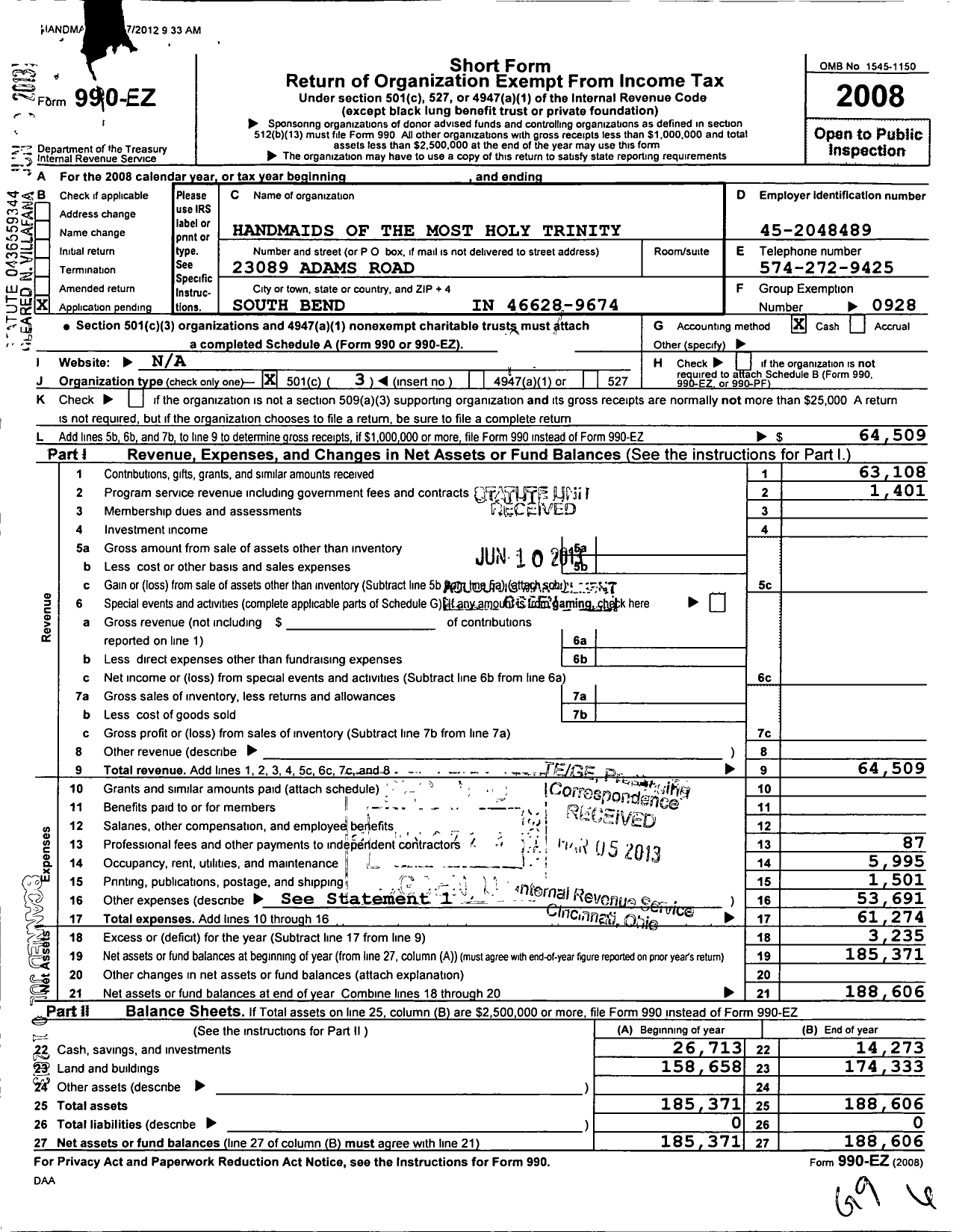 Image of first page of 2008 Form 990EZ for Handmaids of the Most Holy Trinity